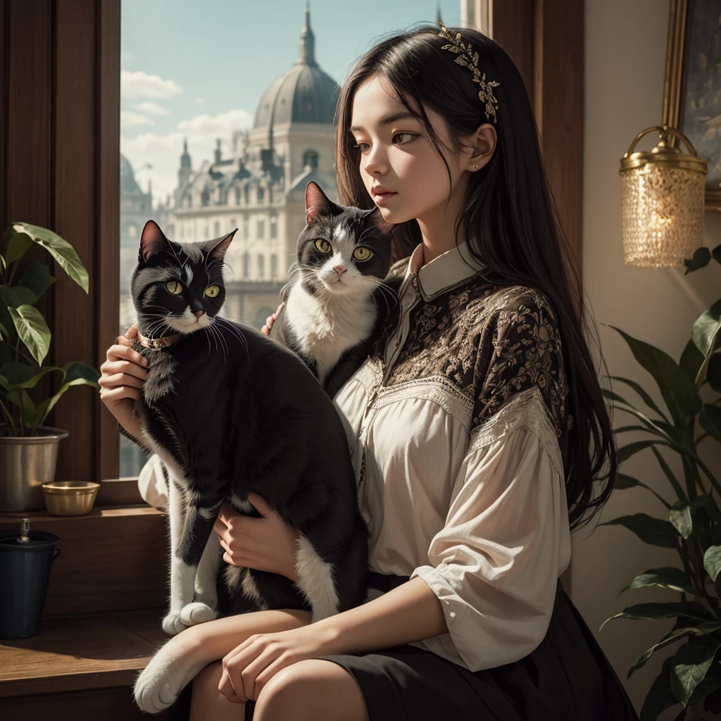 Girl with Cat, best quality, masterpiece, very aesthetic, perfect composition, intricate details, ultra-detailed