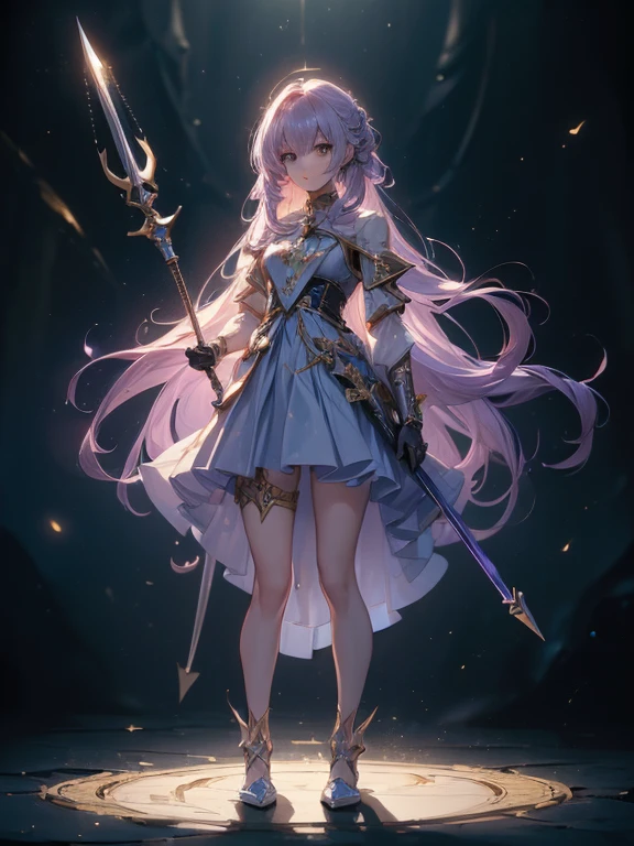 Design a layout showcase Gaming character, (1girl). Golden+Purle clothes, stylish and unique, ((showcase weapon:1.4)), magic staff, (masterpiece:1.2), (best quality), 4k, ultra-detailed, (Step by step design, layout art:1.5), (luminous lighting, atmospheric lighting), magican, ((glove full hands)), (((revealing clothes:1.3))), vambraces, armored legwear, (((full_body_shot:1.4)))
