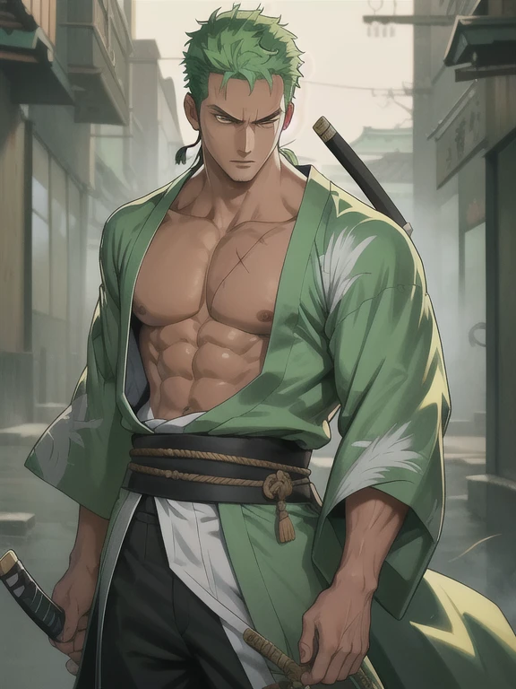 1boy,, masterpiece,best quality, roronoa zoro, muscular male, scar, scar across eye,japanese clothes, green kimono