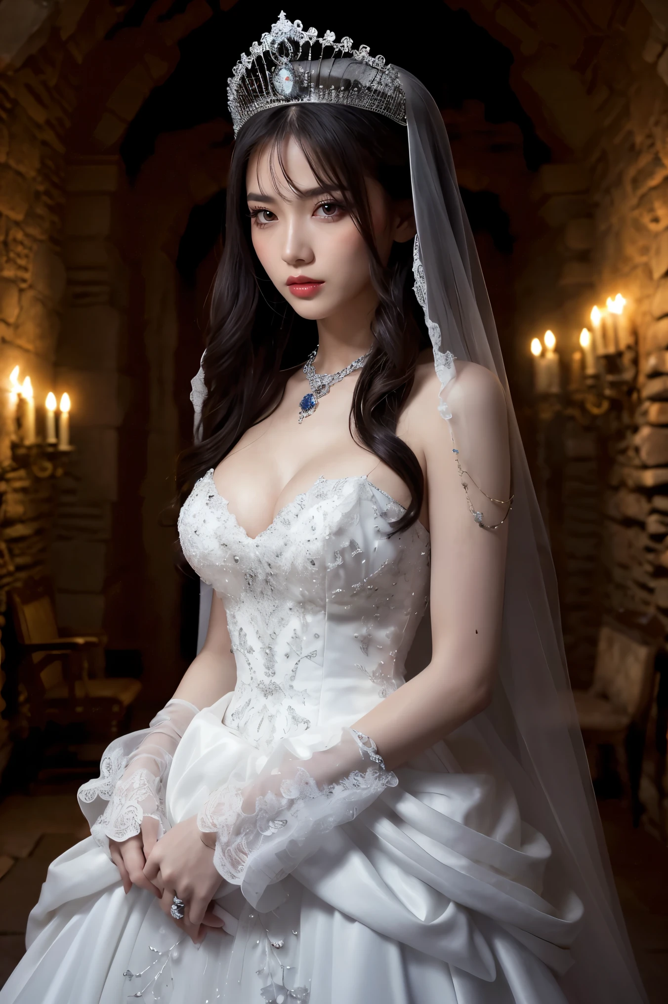 (highest quality、Tabletop、8k、Best image quality、Award-winning works)、The princess imprisoned in the dungeon、(The most luxurious and luxurious pure white princess dress:1.3)、(The most luxurious and shining pure white princess dress:1.2)、(The most extravagant and luxurious giant tiara:1.1)、(The most extravagant and luxurious huge necklace:1.1)、Elegant decoration、Diamond Decoration、A dress with lots of jewels、Spooky atmosphere、A messy and creepy prison、Creepy and cramped dungeon、Many torture instruments in the background、There are horrific torture devices in the background、Spooky atmosphere、(A dark and narrow stone-paved dungeon:1.1)、(Cracked and rugged cobblestone background:1.1)、Perfectly reproduces the texture of craggy cobblestones、A rugged stone-paved prison、The texture of the craggy cobblestones is depicted in detail、The most realistic and complex backgrounds、Highly detailed and realistic backgrounds、A dark and creepy dungeon、Upper body photo、Indirect lighting only、Cleavage、Black Hair