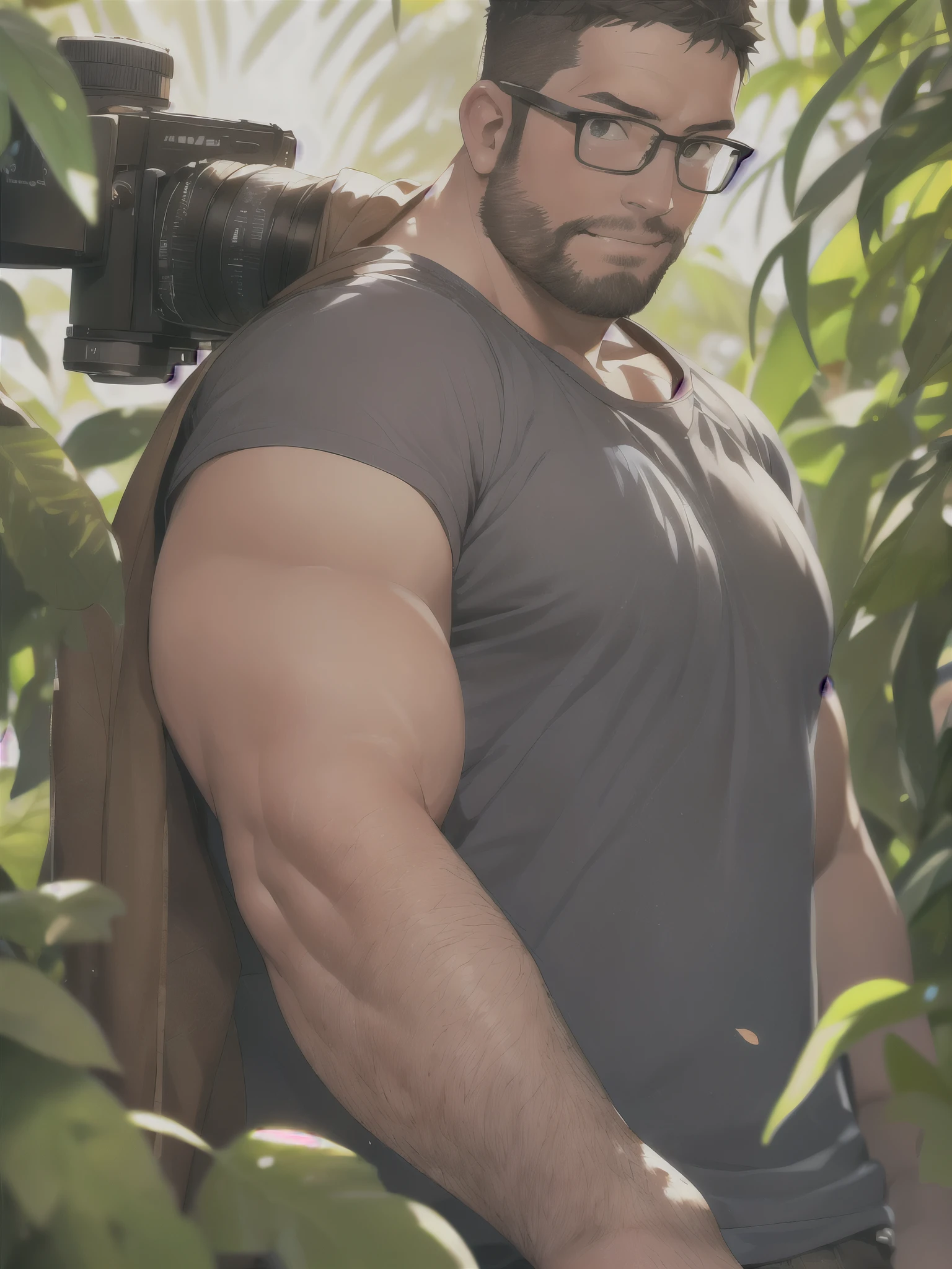 [jungle], holding a camera, squat, monkeys, shot monkeys,
(8K, HDR, best quality, highres, absurdres:1.2), specular lighting, photon mapping, radiosity, physically-based rendering, (establishing shot), (side shot:1.5), (looking camera:1.5),
[Blush:0.7], slightly frown, [smiling],
1daddy, (40 years old), grey hair, beard, chubby daddy, extremely handsome,
An award-winning original photo, a handsome 35-year-old man, crew cut, full body, mature man, [slightly fat], asian, brown eyes, glasses, (slightly balding), 1boy, Solo, (big shoulder), stubbles, (Short beard), Dynamic Angle, volumetric lighting, (Best quality, A high resolution, Photorealistic), Cinematic lighting, Masterpiece, RAW photo, Intricate details, hdr, depth of field, landscape,