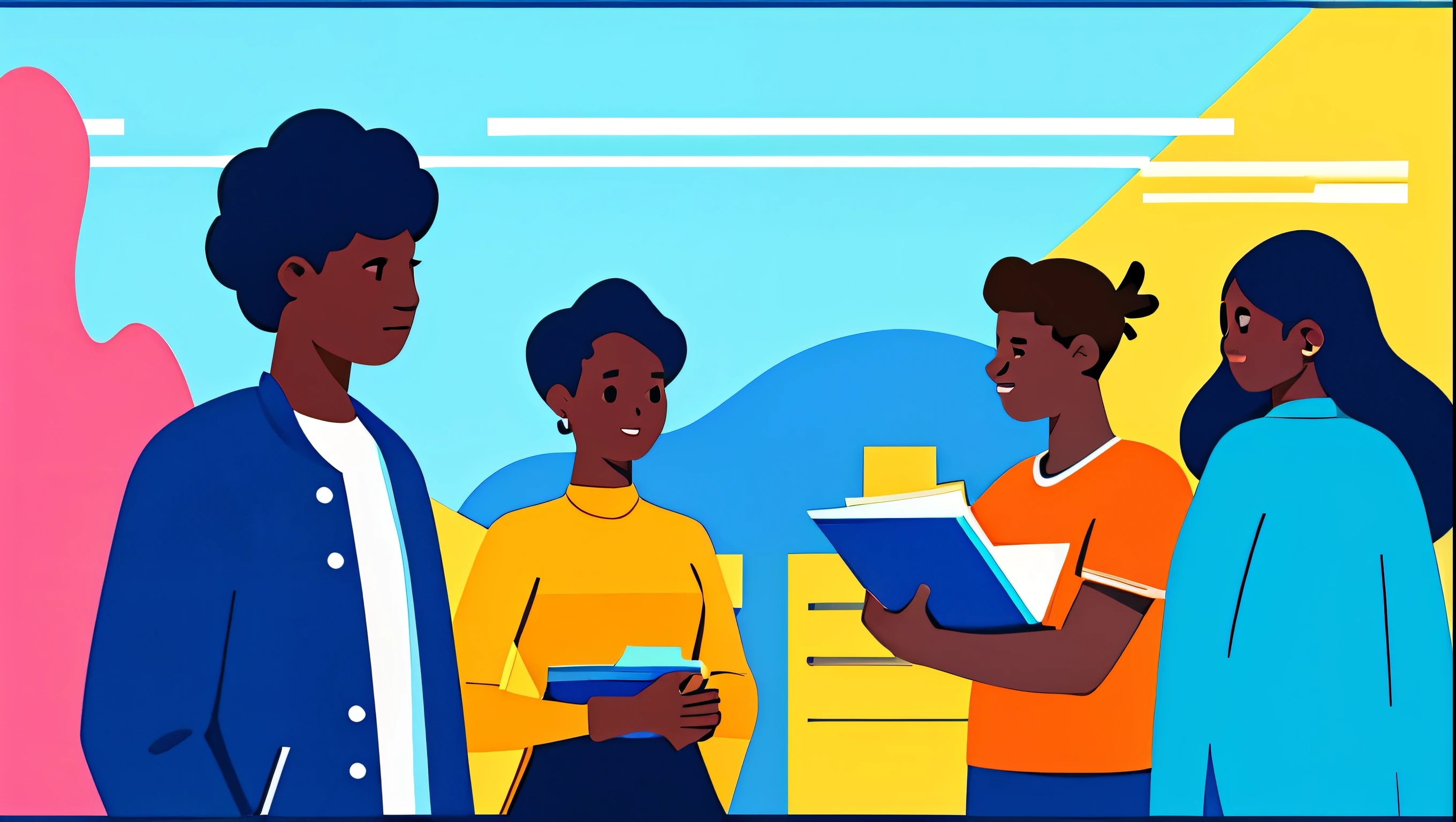 A black student is isolated and saddened, Diversity among the groups of students should be evident in terms of ethnicity, gender, and physical appearance, High quality, high-definition, bright color scheme ,colorful illustrationseditorial illustrations in pastel, James Gillard's style, flat style illustrations, digital style illustrations, magazine illustrations in modern style!