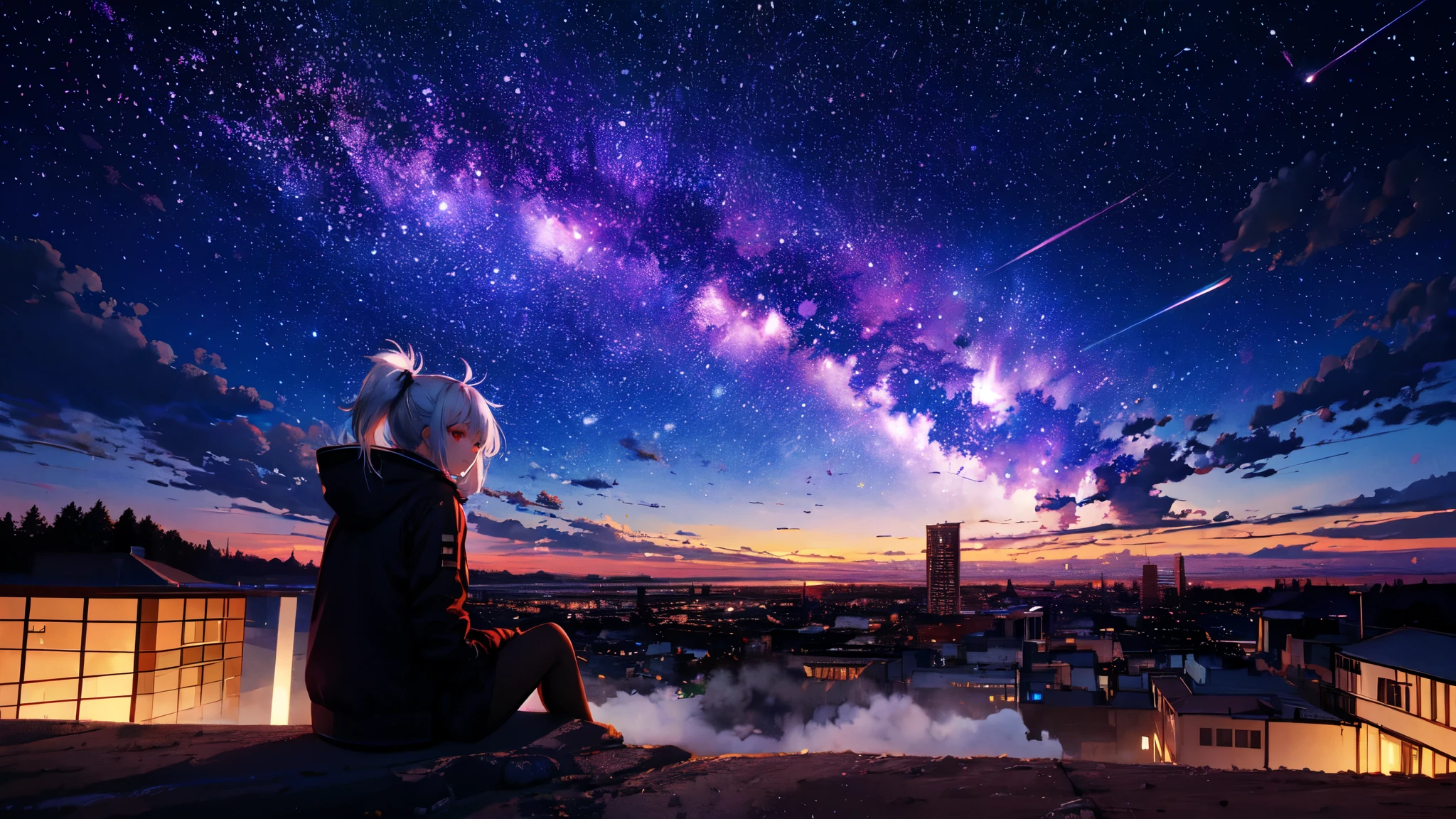 masterpiece, highest quality, Octane, null, star (null), scenery, starry null, night, night null, alone, Sitting, Outdoor, building, cloud, milky way, reflection, RTX, Cityscape, Techwear Jacket, avert your eyes, One girl, Red eyes, Striped white hair, mature, Long, messy ponytail, 