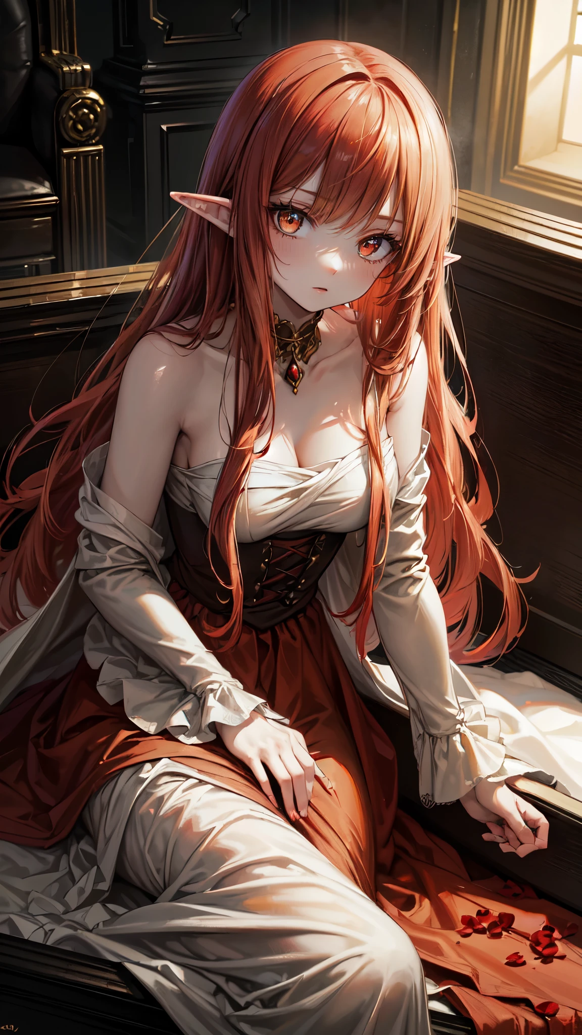 (best quality,highres,ultra-detailed,realistic),(portraits,horror),(red-haired girl with golden eyes,lying inside a coffin,dressed in a wedding gown),oil painting style,dark and moody color tones,dramatic lighting, lying, half naked, elf, detailed face, detailed eyes, detailed hands