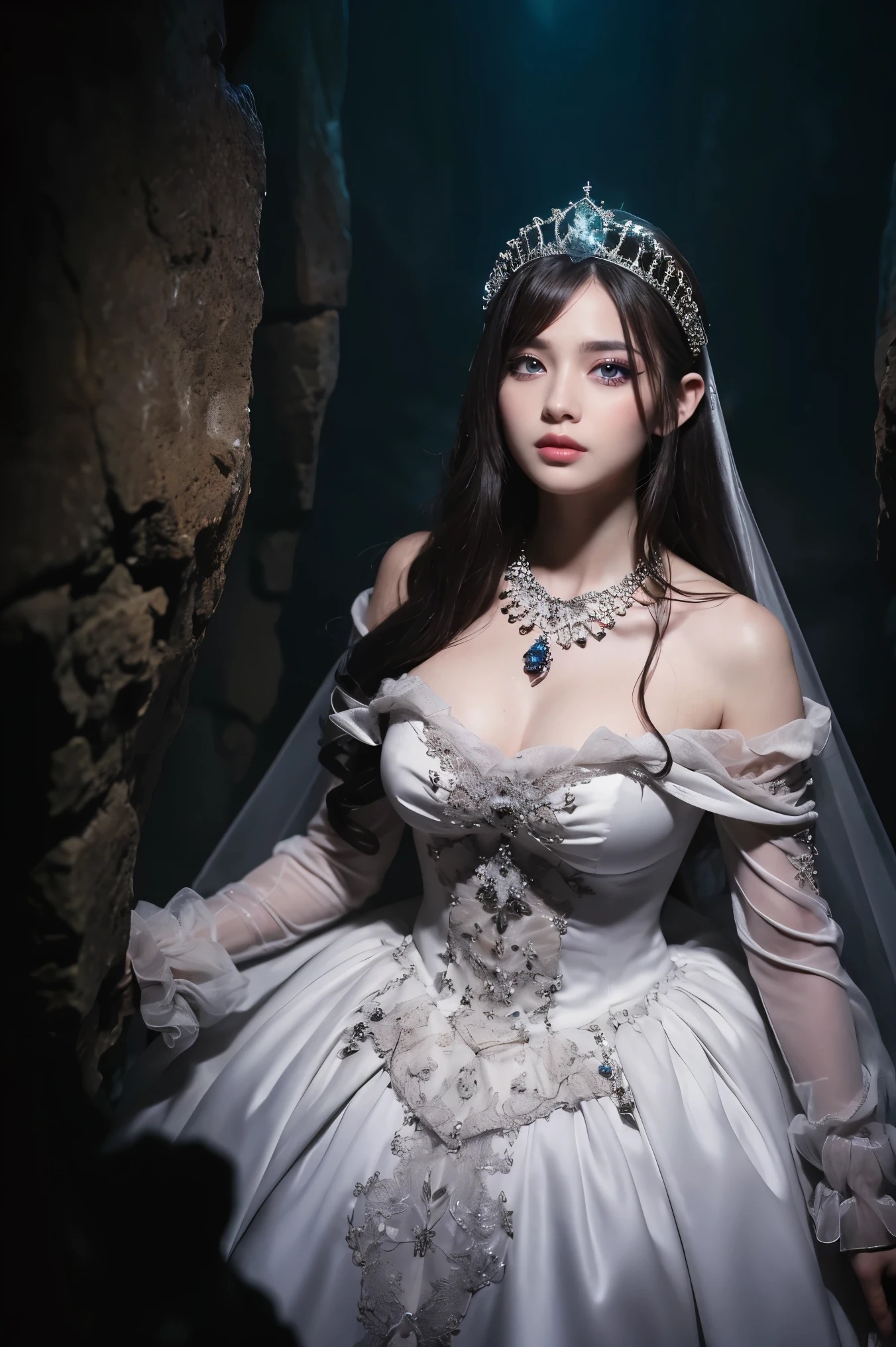 (highest quality、Tabletop、8k、Best image quality、Award-winning works)、The princess imprisoned in the dungeon、(The most luxurious and luxurious pure white princess dress:1.3)、(The most extravagant and luxurious giant tiara:1.1)、(The most extravagant and luxurious huge necklace:1.1)、Elegant decoration、Diamond Decoration、A dress with lots of jewels、Spooky atmosphere、A messy and creepy prison、Creepy and cramped dungeon、Many torture instruments in the background、There are horrific torture devices in the background、Spooky atmosphere、(A dark and narrow stone-paved dungeon:1.1)、(Cracked and rugged cobblestone background:1.1)、Perfectly reproduces the texture of craggy cobblestones、A rugged stone-paved prison、The texture of the craggy cobblestones is depicted in detail、The most realistic and complex backgrounds、Highly detailed and realistic backgrounds、A dark and creepy dungeon、Close-up of face、Indirect lighting only
