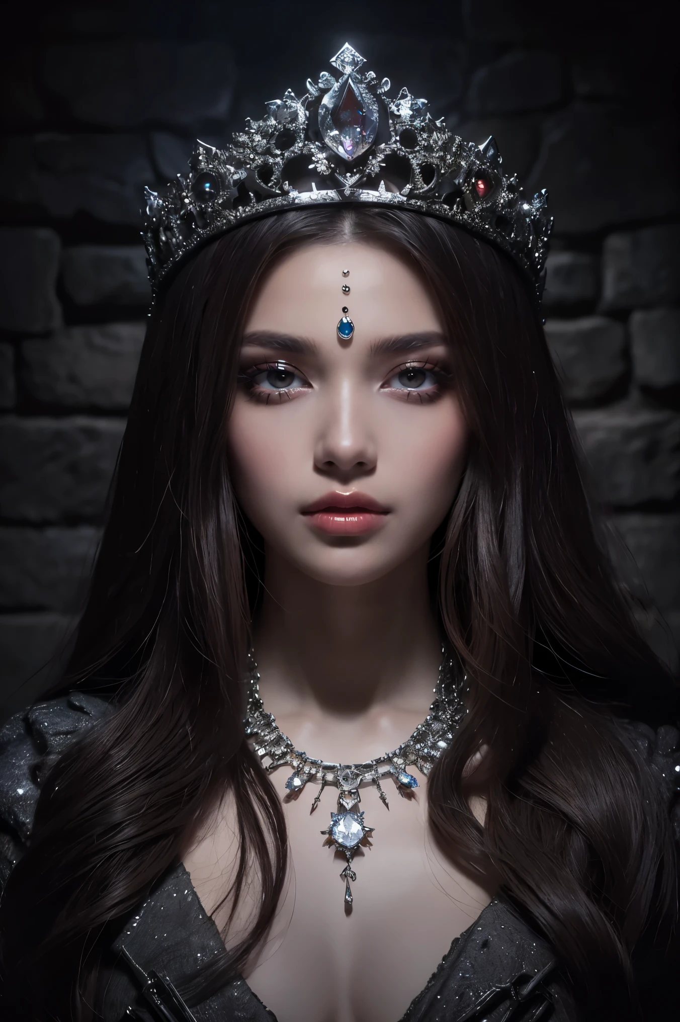 (highest quality、Tabletop、8k、Best image quality、Award-winning works)、The princess imprisoned in the dungeon、(The most luxurious and luxurious pure white princess dress:1.3)、(The most extravagant and luxurious giant tiara:1.1)、(The most extravagant and luxurious huge necklace:1.1)、Elegant decoration、Diamond Decoration、A dress with lots of jewels、Spooky atmosphere、A messy and creepy prison、Creepy and cramped dungeon、Many torture instruments in the background、There are horrific torture devices in the background、Spooky atmosphere、(A dark and narrow stone-paved dungeon:1.1)、(Cracked and rugged cobblestone background:1.1)、Perfectly reproduces the texture of craggy cobblestones、A rugged stone-paved prison、The texture of the craggy cobblestones is depicted in detail、The most realistic and complex backgrounds、Highly detailed and realistic backgrounds、A dark and creepy dungeon、Close-up of face、Indirect lighting only