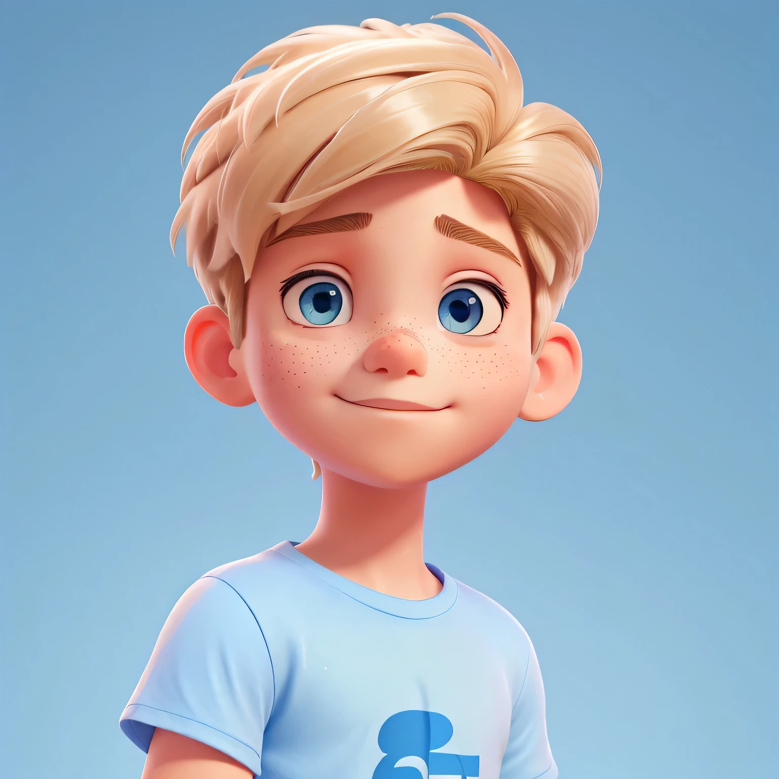 there is a boy with short blond hair, blue eyes, and freckles, wearing a plain blue t-shirt under white gradient background , portrait shot 8 k, shot on canon eos r5, shot on canon eos r 5, shot on nikon z9, taken with sony alpha 9, with accurate face, edited in photoshop, shot with sony alpha, taken with canon 5d mk4, captured on canon eos r 6