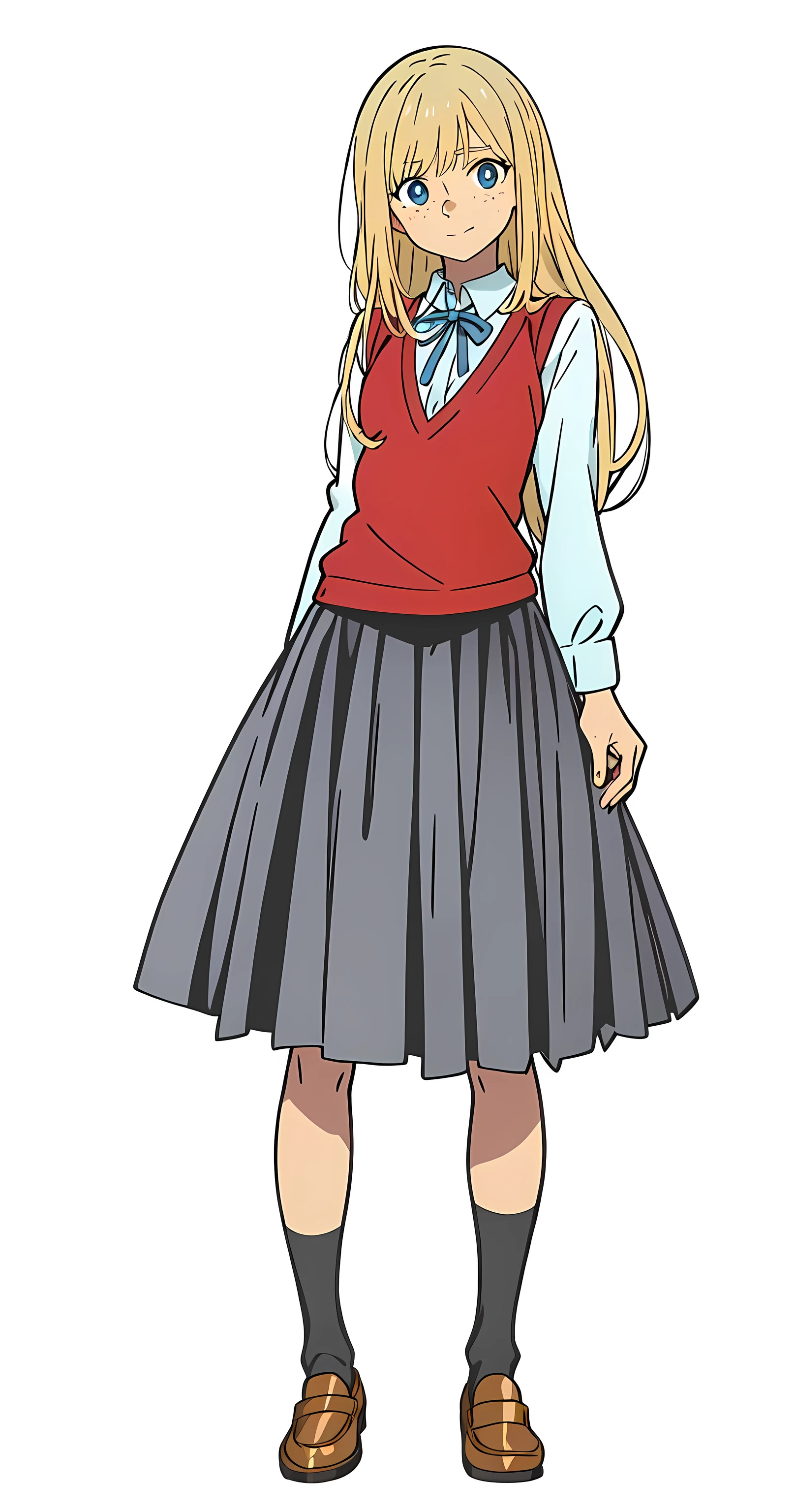 (best quality:1.0), (masterpiece:1.0), (super fine illustration:1.0), (beautiful artwork:1.0), (anime screencap:1.0), (official art:1.0), (european:1.0), (cheerful:1.0), (white background:1.0), (best quality:1.0), (masterpiece:1.0), (super fine illustration:1.0), (beautiful artwork:1.0), (anime screencap:1.0), (official art:1.0), (solo:1.0), (european:1.0), (a 18yo cute girl:1.0), (long skirt:1.0), (black skirt:1.0), (pleated skirt:1.0), (red knit vest:1.0), (white long sleeve collared shirt:1.0), (blue neck ribbon:1.0), (loafers:1.0), (black socks:1.0), (ideal ratio body proportions:1.0), (lanky:1.0), (tall:1.0), (slender:1.0), (small breasts:1.0), (smaller face:1.0), (tareme:1.0), (freckles:1.0), (detailed beautiful eyes:1.0), (detailed beautiful face:1.0), (glowing blue eyes:1.0), (long hair:1.0), (swept bangs:1.0), (blonde hair:1.0), (standing:1.0), (looking at viewer:1.0)