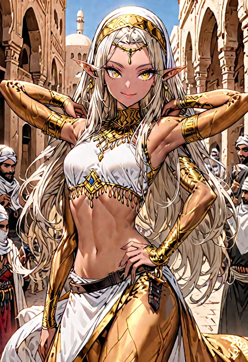 solo:1.4, female, sfw, medium shot, ((hands on hips)), copper skin, long hair, platinum blonde hair, silky hair, braided hair, pointed ears, slim waist, bandit, Arabian, marketplace, golden eyes, smile, abs