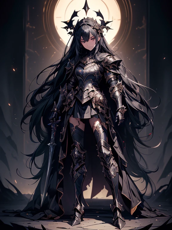 (((masterpiece, best quality, 8k))) Design a layout showcase Gaming character, (1girl),((perfect face, high detailed face)). Black+Gold clothes, opulent and dark, ((showcase weapon:1.4)), cursed blade, (masterpiece:1.2), (best quality), 4k, ultra-detailed, (Step by step design, layout art:1.5), (gloomy lighting, cursed atmosphere), dark knight, ((cursed gloves)), (((revealing armor:1.3))), dark vambraces, cursed boots, (((full_body_shot:1.4)))