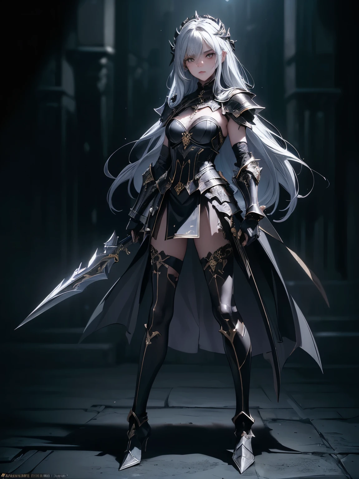 (((masterpiece, best quality, 8k))) Design a layout showcase Gaming character, (1girl),((perfect face, high detailed face)). Black+Gold clothes, opulent and dark, ((showcase weapon:1.4)), cursed blade, (masterpiece:1.2), (best quality), 4k, ultra-detailed, (Step by step design, layout art:1.5), (gloomy lighting, cursed atmosphere), dark knight, ((cursed gloves)), (((revealing armor:1.3))), dark vambraces, cursed boots, (((full_body_shot:1.4)))