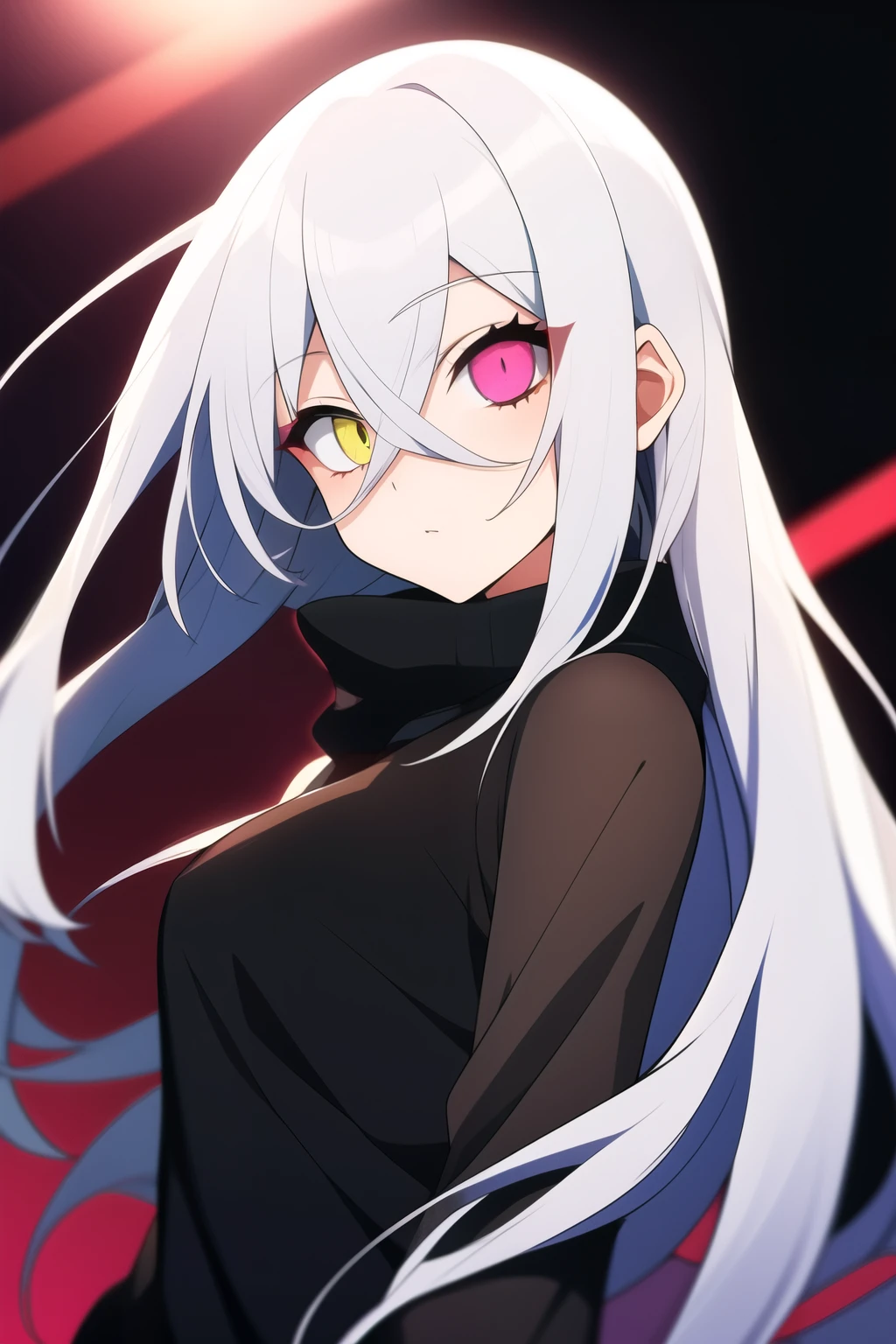 anime girl with long grey hair, heterochromatic eyes, and black sclera around the eyes