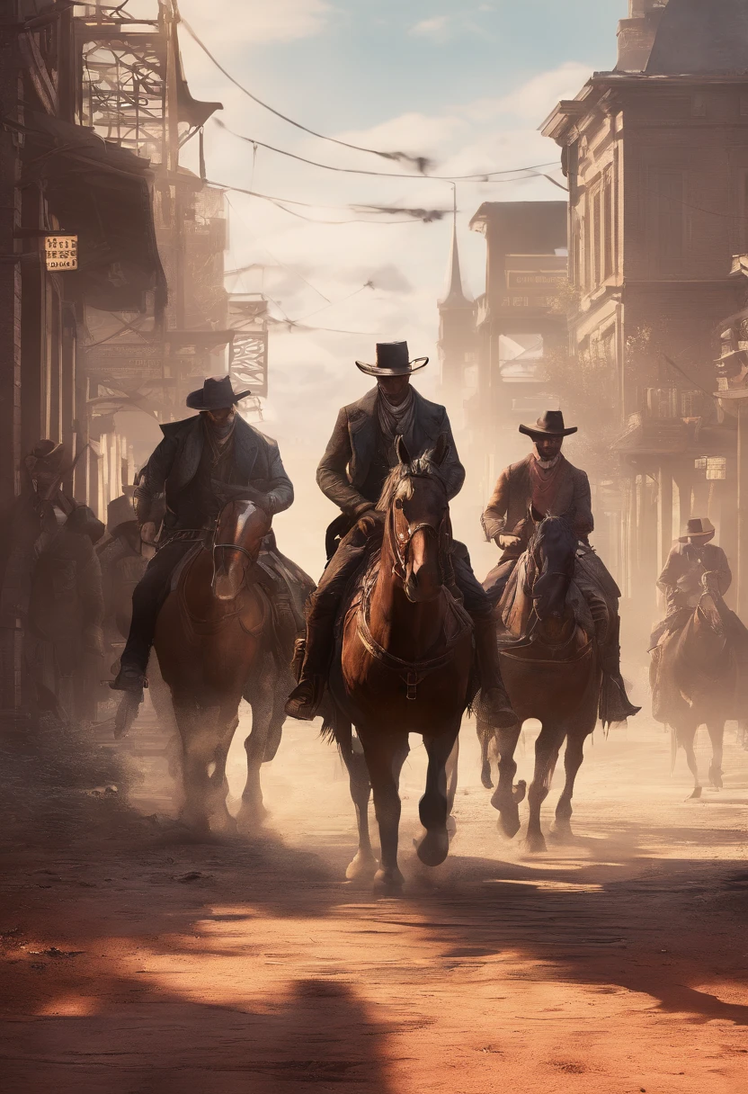 (red dead redemption 2 style,1899 year, 6 outlaws riding horses,gang,art poster,saint Denis city from RDR2 game ，six outlaws.six guys，saint Denis city background)。

(best quality,4k,8k,highres,masterpiece:1.2),ultra-detailed,(realistic,photorealistic,photo-realistic:1.37),HDR,UHD,studio lighting,ultra-fine painting,sharp focus,physically-based rendering,extreme detail description,professional,vivid colors,bokeh,portraits

,landscape,horror,anime,sci-fi,photography,concept artists

,red orange,deep shadows, warm tones, vibrant colors

,soft, warm natural light, dramatic highlights and shadows, backlighting