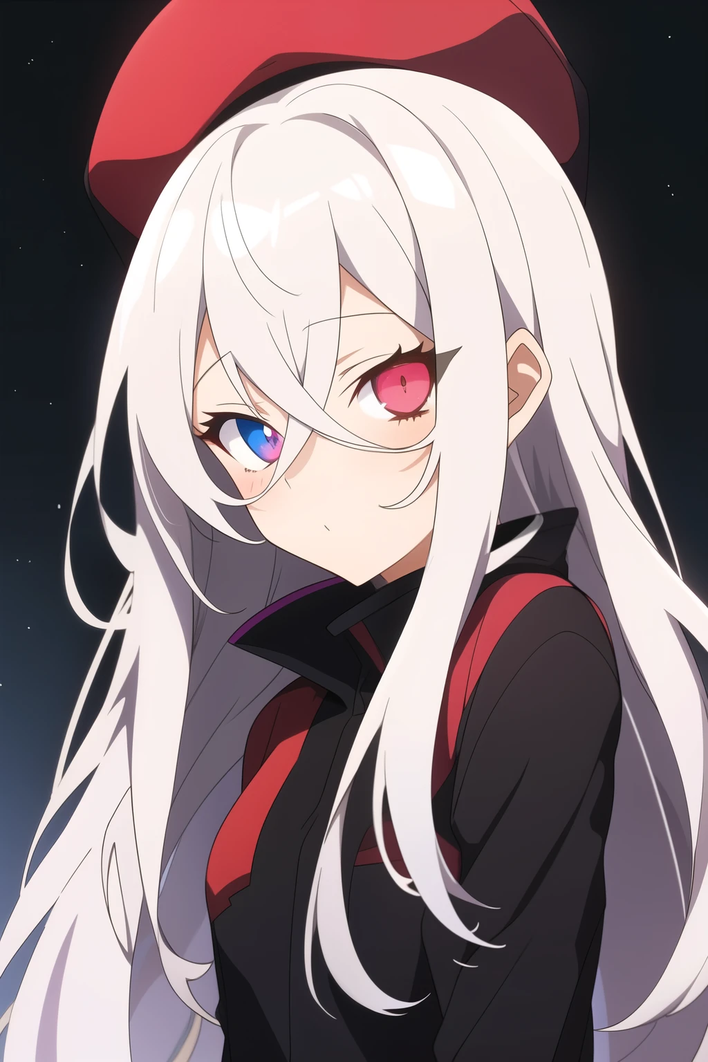 anime girl with long grey hair, heterochromatic eyes, and black sclera around the eyes