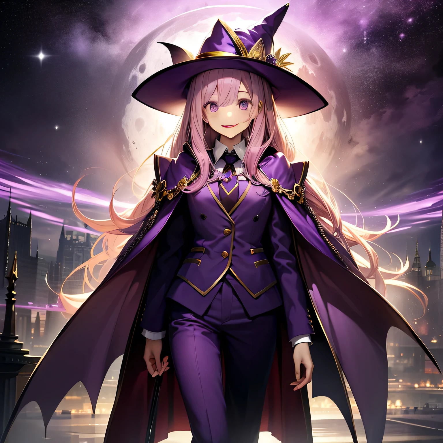 top-quality、extremely delicate and beautiful、(A teenage girl)、Purple Eye、Pink hair、long-haired、(purple witch hat)、Purple tie、Soio、shortsleeves、Purple pants、Purple Tuxedo Suit、Violet and gold cape、 standing、Full moon night on background, gold shining long staff, magical, wide grin, released a powerful magic
