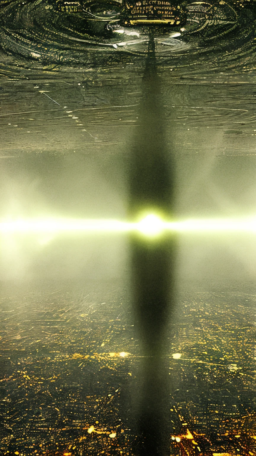 Many thin beams of light intersect and shoot towards the fog on the ground,Top-down angle shooting,old poster,Old photos are grainy,Mysterious Psychedelic Retro,Asymmetrical composition,Lots of white space,Sci-fi psychedelic,No man's environment,