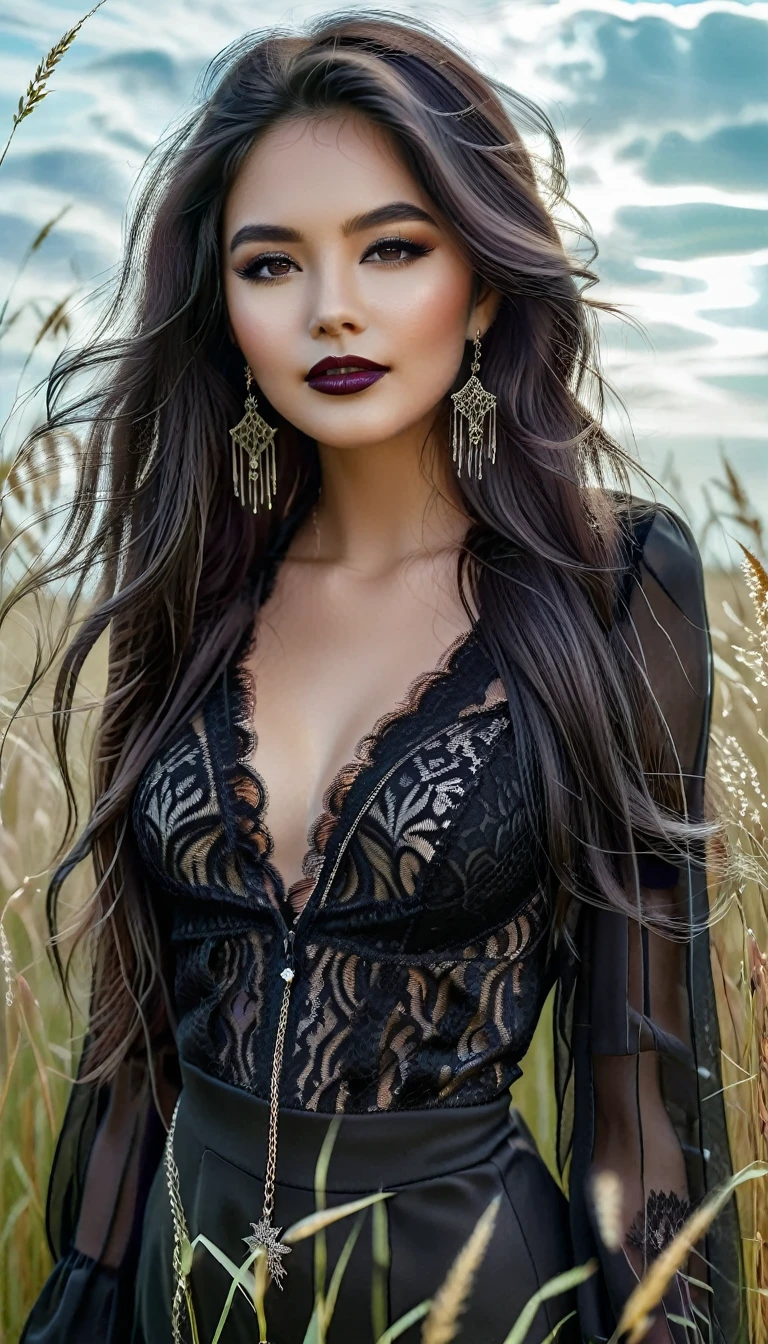 A stunningly beautiful girl standing in a field with tall grass and flowers, in a gothic style and a slight smile. She has long wavy dark hair blowing in the wind and light makeup with dark lipstick. She wears a sheer black blouse with intricate lace detailing and a deep V-neck paired with dark high-waisted trousers. She accessorized with dangling earrings and layered silver necklaces. The scene has a soft, warm glow, emphasizing the woman's serene and elegant presence in the natural surroundings. Hyperrealism, masterpiece