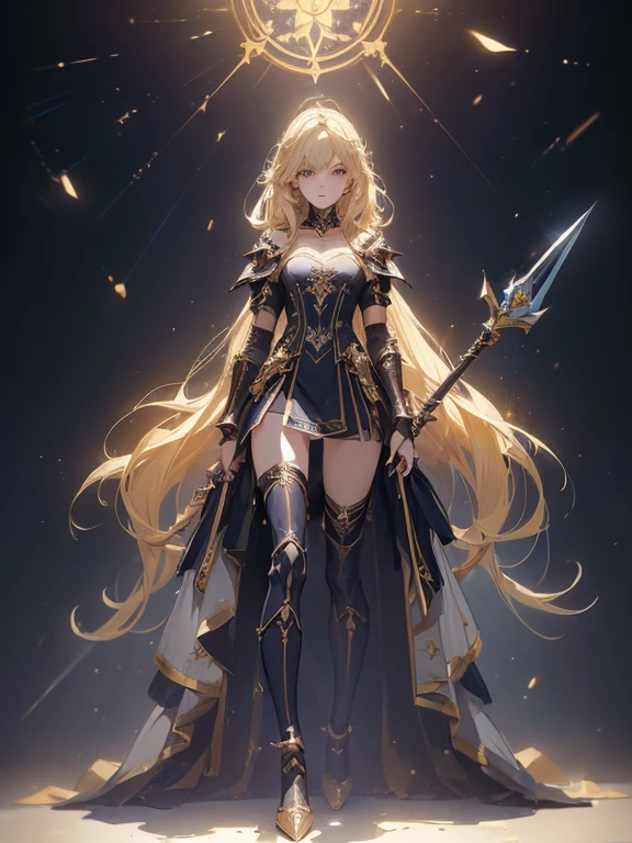 (((masterpiece, best quality, 8k))) Design a layout showcase Gaming character, (1girl),((perfect face, high detailed face)). Golden+Purle clothes, stylish and unique, ((showcase weapon:1.4)), magic staff, (masterpiece:1.2), (best quality), 4k, ultra-detailed, (Step by step design, layout art:1.5), (luminous lighting, atmospheric lighting), magican, ((glove full hands)), (((revealing clothes:1.3))), vambraces, armored legwear, (((full_body_shot:1.4)))