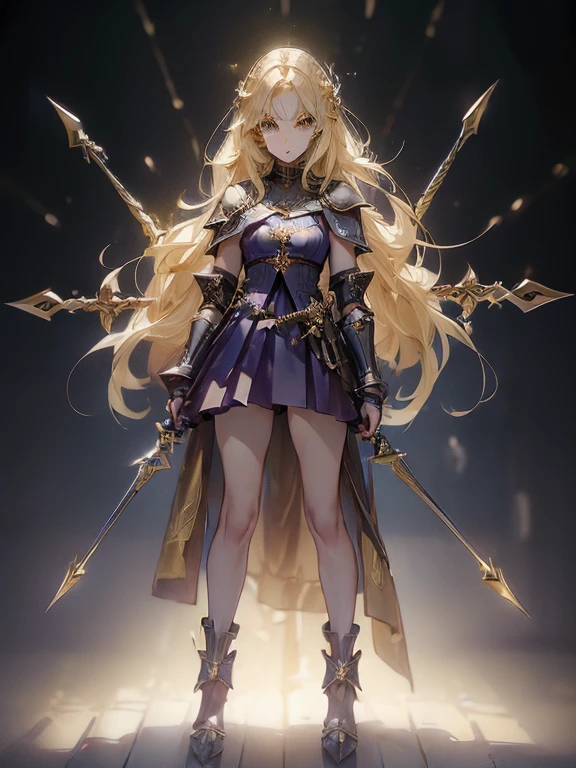 (((masterpiece, best quality, 8k))) Design a layout showcase Gaming character, (1girl),((perfect face, high detailed face)). Golden+Purle clothes, stylish and unique, ((showcase weapon:1.4)), magic staff, (masterpiece:1.2), (best quality), 4k, ultra-detailed, (Step by step design, layout art:1.5), (luminous lighting, atmospheric lighting), magican, ((glove full hands)), (((revealing clothes:1.3))), vambraces, armored legwear, (((full_body_shot:1.4)))