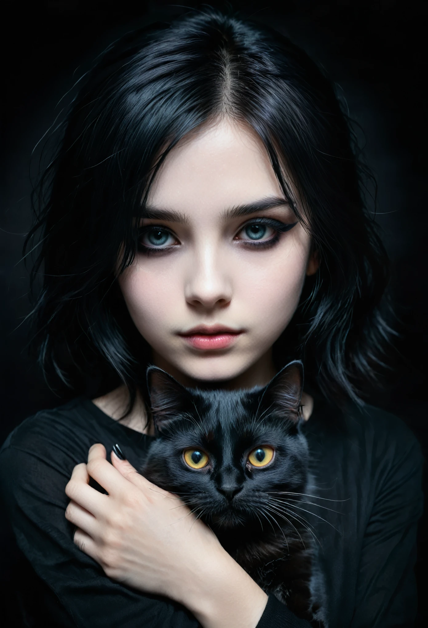 a emo girl with a black cat in her hands, detailed face, dark makeup, emotional expression, black clothing, dark background, chiaroscuro lighting, cinematic, dramatic, moody, digital painting