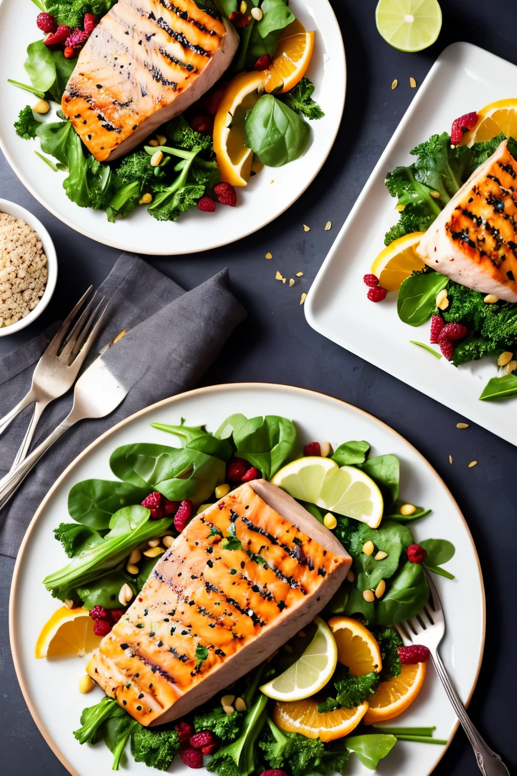 Create an image showcasing a visually balanced, aesthetically appealing plate setting for intermittent fasting, featuring lean, perfectly cooked proteins, such as grilled chicken or salmon, artfully arranged on top of a bed of vibrant leafy greens, like spinach or kale. Whole grains, such as quinoa or brown rice, can be artfully nestled in between, adding texture and variety. Drizzle healthy fats, like olive oil or avocado slices, over the dish for added flavor and nutrients. Add a vibrant dash of color with fresh, juicy fruits, like berries or sliced orange segments, scattered gracefully around the plate