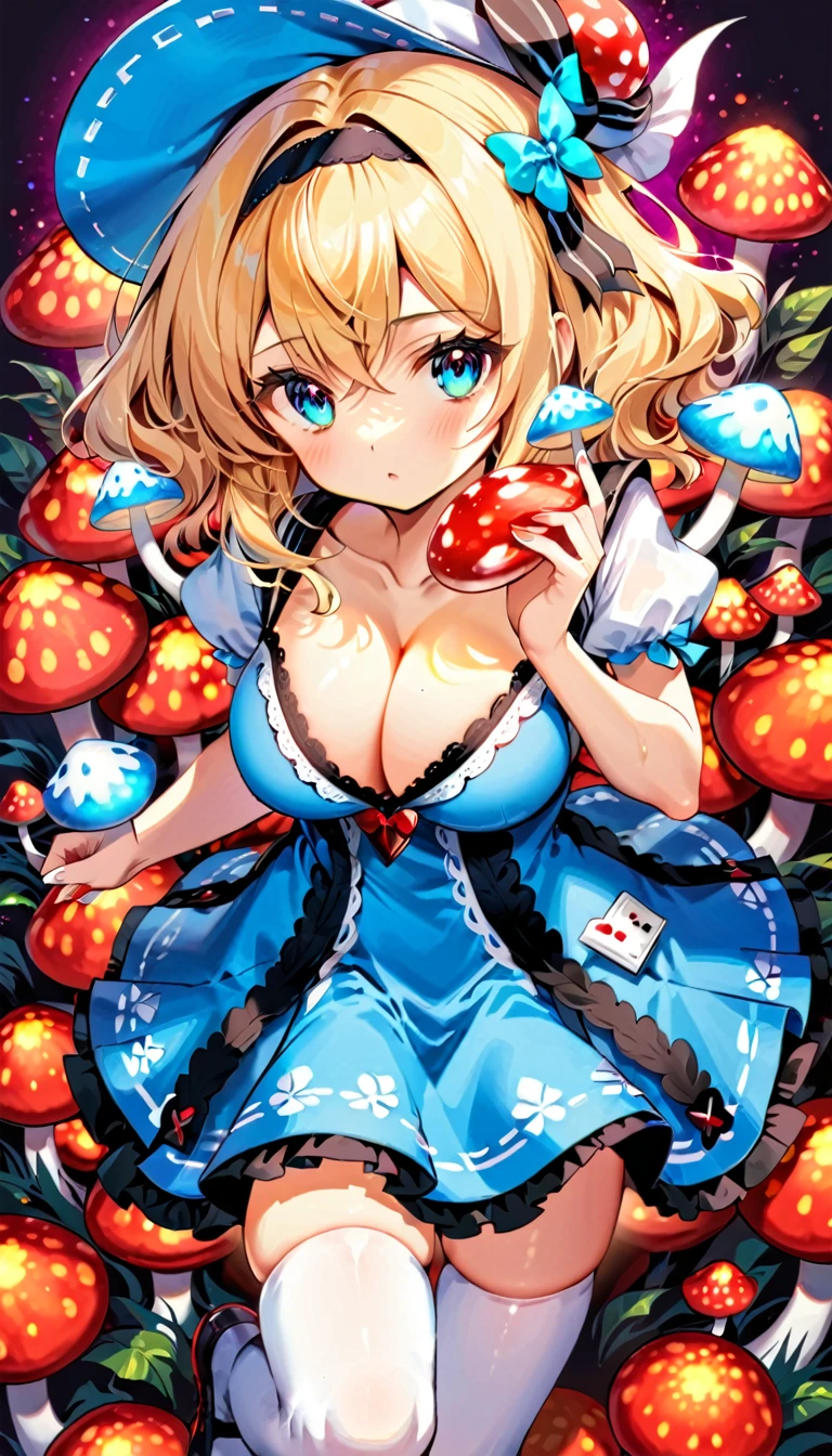 a design for a T-shirt of a beautiful 20 year old blonde woman with big messy hair in a blue dress, white stockings, black headband, cleavage, holding a glowing mushroom, fantasy art style, rossdraws cartoon vibrant, alice in wonderland cyberpunk, cute detailed digital art, colorfull digital fantasy art, digital fantasy art ), glossy digital painting, rossdraws pastel vibrant, rossdraws 2. 5, rossdraws 1. 0