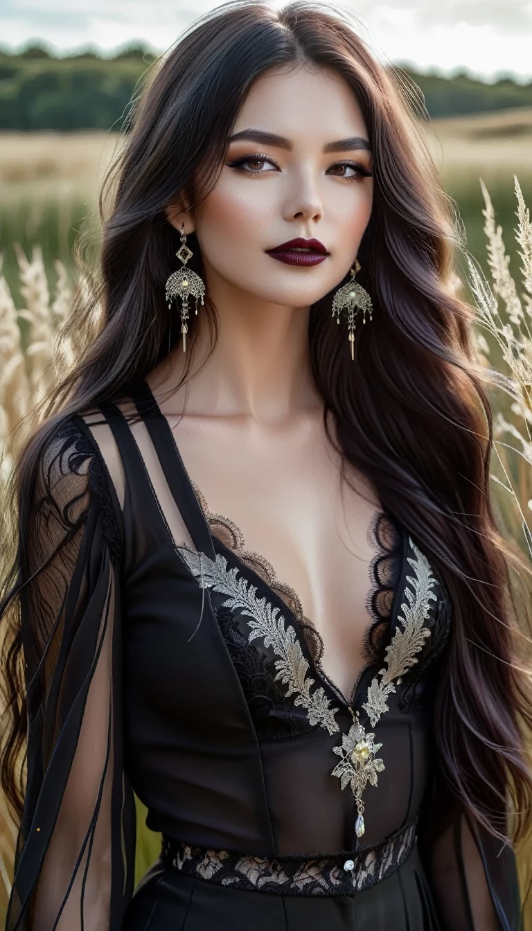 A stunningly beautiful girl standing in a field with tall grass and flowers, in a gothic style and a slight smile. She has long wavy dark hair blowing in the wind and light makeup with dark lipstick. She wears a sheer black blouse with intricate lace detailing and a deep V-neck paired with dark high-waisted trousers. She accessorized with dangling earrings and layered silver necklaces. The scene has a soft, warm glow, emphasizing the woman's serene and elegant presence in the natural surroundings. Hyperrealism, masterpiece