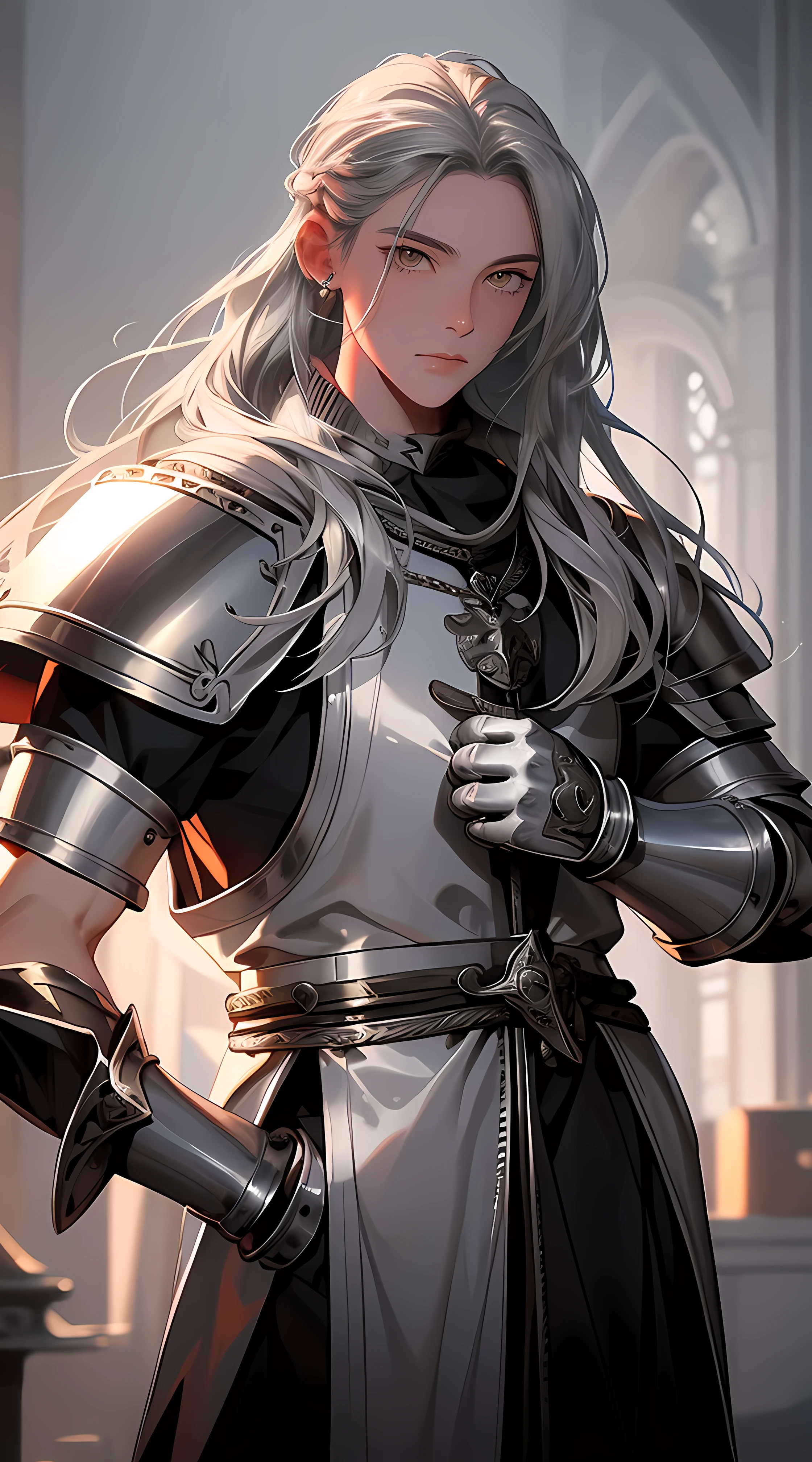 blond hair, hair behind ear, long hair, floating hair, bloodshot eyes, Baroque, cinematic lighting, bust chart, retina, (high quality), ccurate, ((best quality)), perfect detail, 16k, medieval knight, (silver gloves, silver armor:1.3), (great sword), dust flying,