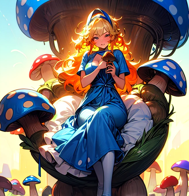 A beautiful T-shirt design of a gorgeous 20 year old blonde woman with big messy hair in a blue dress, white stockings, black headband, cleavage, holding a glowing mushroom, fantasy art style, highest quality, masterpiece, 8k, 超A high resolution, beautiful face,