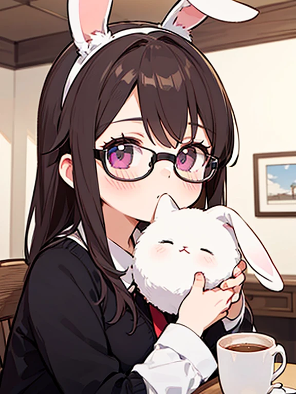 Portrait of a white rabbit with its brown-haired owner, color de piel blanca, con lentes color morado y ojos cafe claro