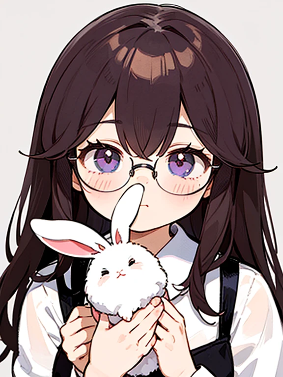 Portrait of a white rabbit with its brown-haired owner, color de piel blanca, con lentes color morado y ojos cafe claro