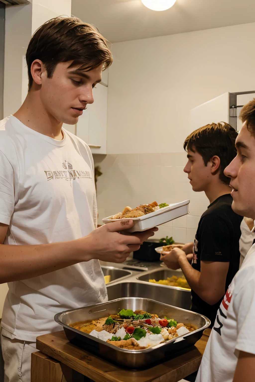 A white man in his twenties serving food to young people in a charity house