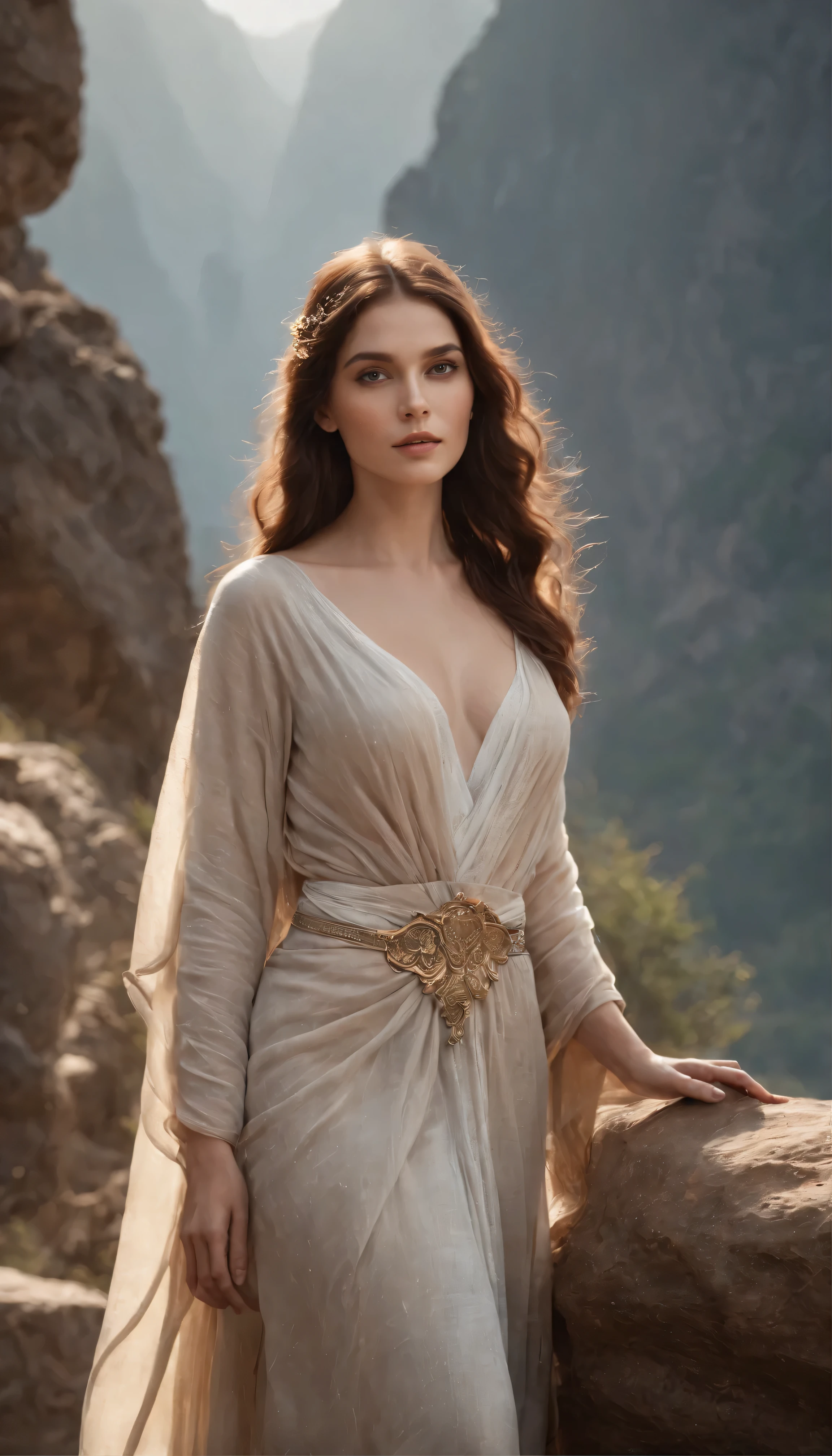 uma jovem linda, deusa da terra, cabelos castanhos longos e molhados, Corpo perfeito, peito redondo perfeito, suave e atraente, vestindo peplos de linho marrom de estilo antigo, standing and starring, stones are floating around her, high resolution, foto de fantasia, vivid, closed medium view, Entre em uma cena cativante, How the stones' energetic particles ignite the air around them, Creates an incredibly dynamic atmosphere. Creative lighting styles bathed in brilliant light, luz da montanha, Harmonizes with rotating rock particles. Made with meticulous precision,Render in stunning 10k high resolution, This masterpiece embodies the artistic medium of digital illustration, Mystical Realism, and contemporary surrealism, The ethereal beauty of mountains and stone hills , mountain enhances the feeling of magic and wonder.