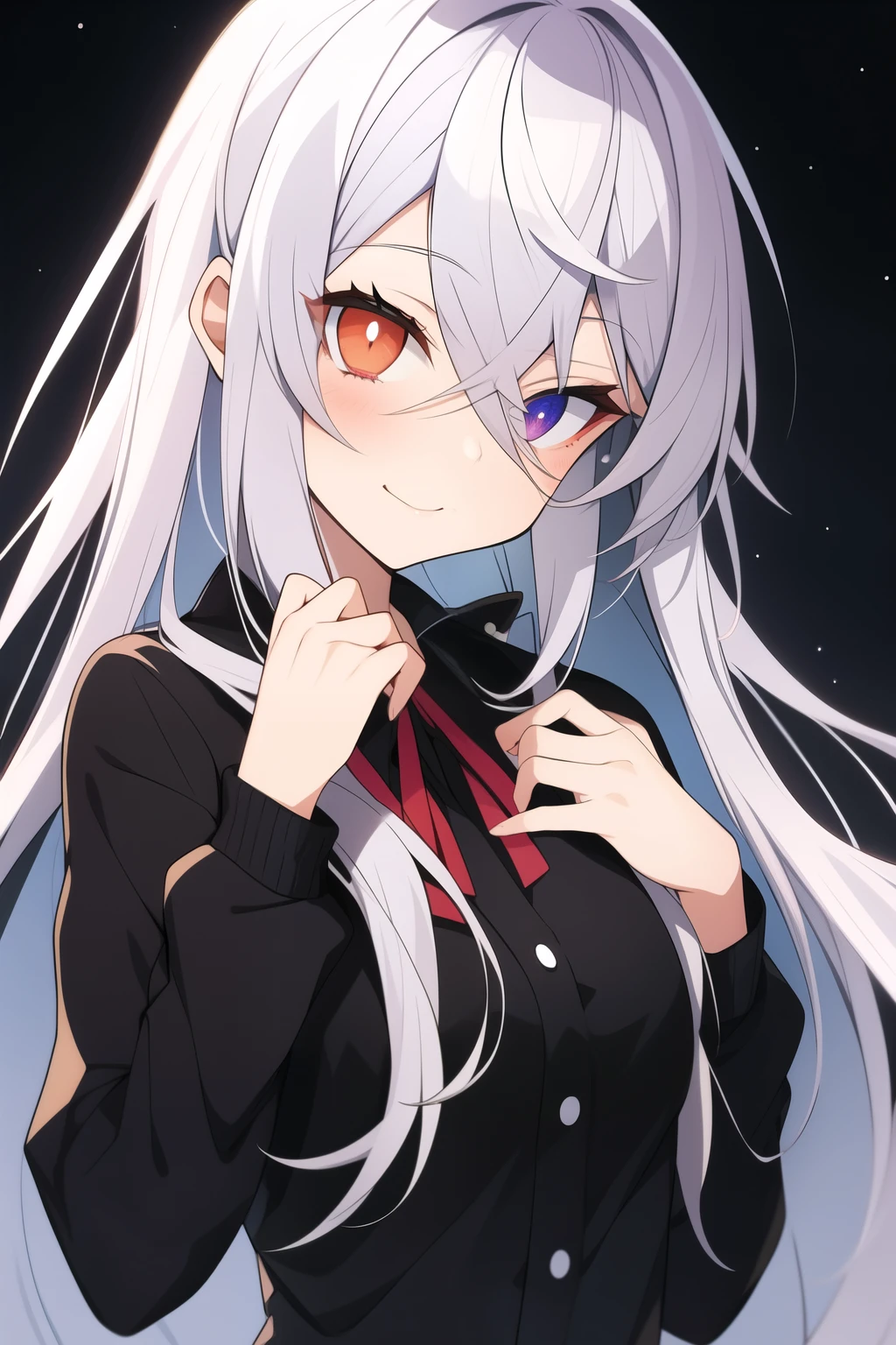 anime girl with long grey hair, heterochromatic eyes, and black sclera around the eyes