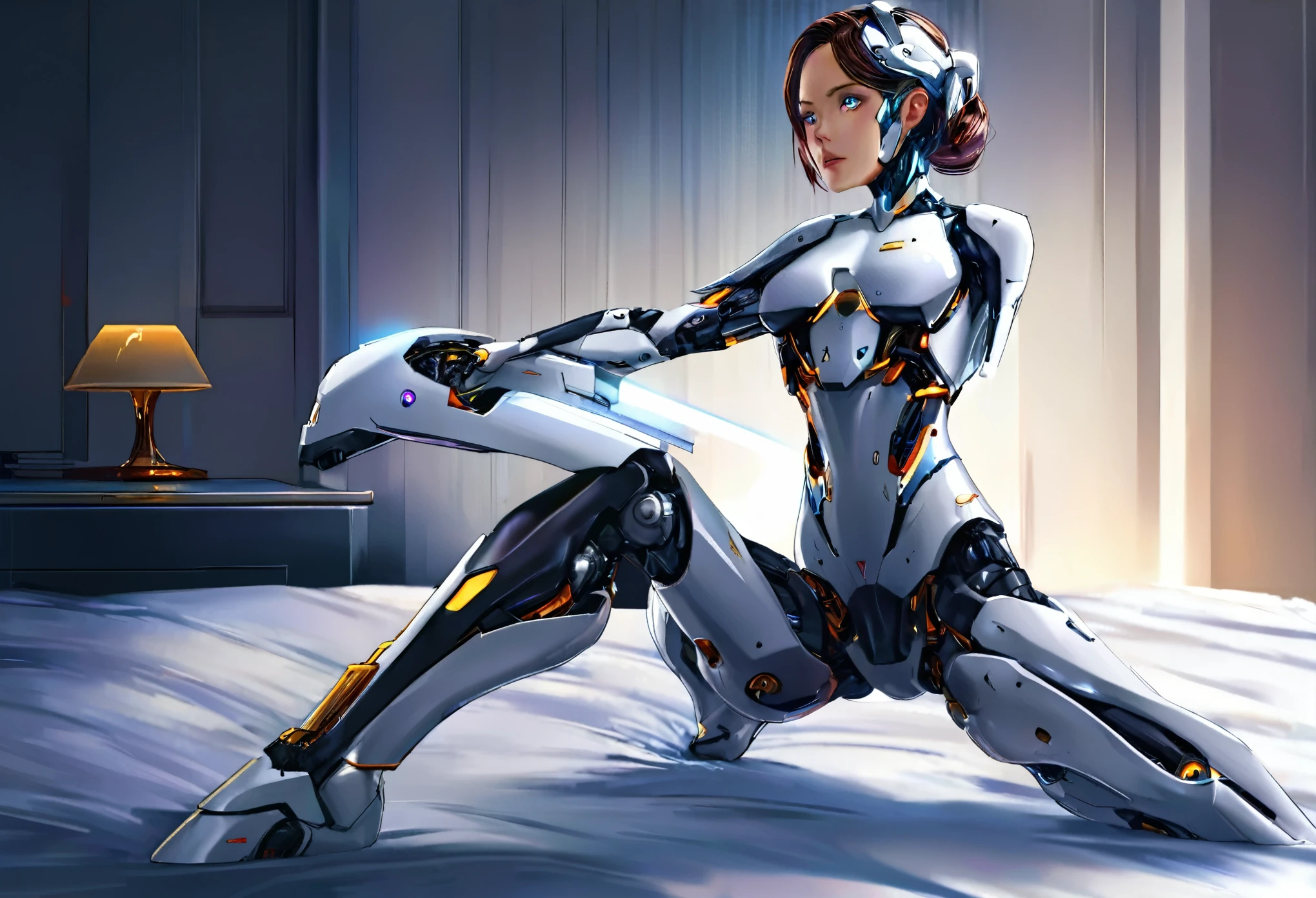 a highly detailed cyborg woman,robot companion,approaching her mistress,in bedroom,removes her sci-fi outfit,revealing soft and shapely form,cinematic lighting,hyper realistic,detailed futuristic android,intricate mechanical components,seamless integration of organic and cybernetic elements,flawless skin texture,dynamic pose,delicate facial features,luminescent eyes,glowing highlights,moody color palette,dramatic chiaroscuro lighting,cinematic atmosphere,masterpiece
