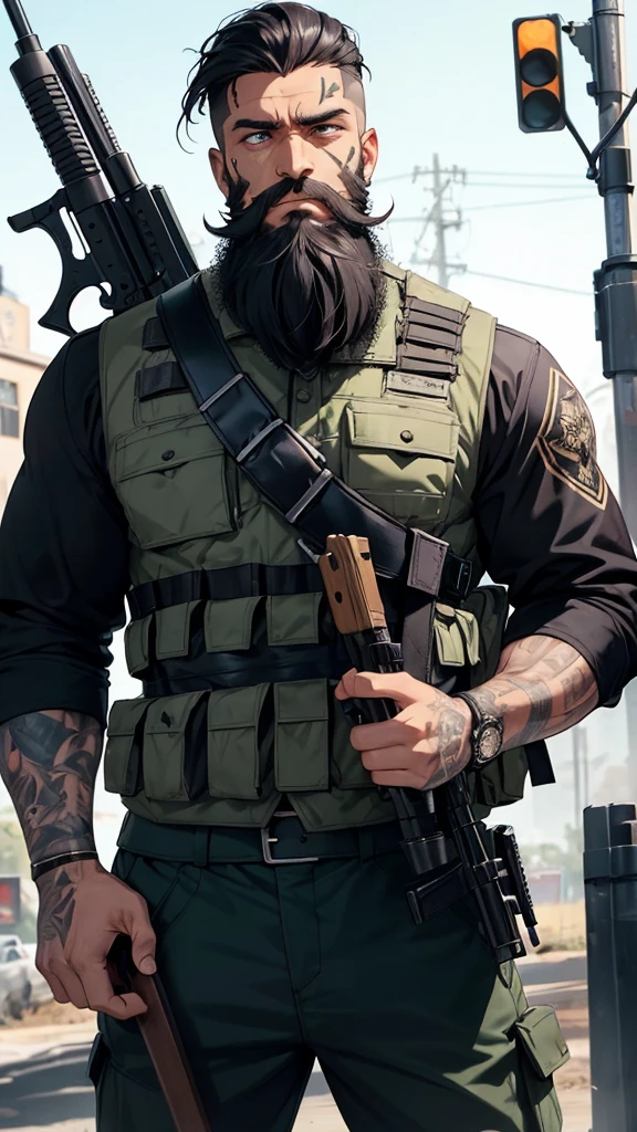 man with a black short beard, badass beard, arabian aesthetics, black beard, with tattoos, epic beard, rough beard, neat beard. He has blue eyes. He has a huge scar on his face, He wears an Indonesian army uniform, military camouflage clothing, wear a bulletproof vest,holds a rifle, Dynamic pose, 8k, masterpiece, dark, full of equipment, one-eyed, dirty and bruised, clothes torn