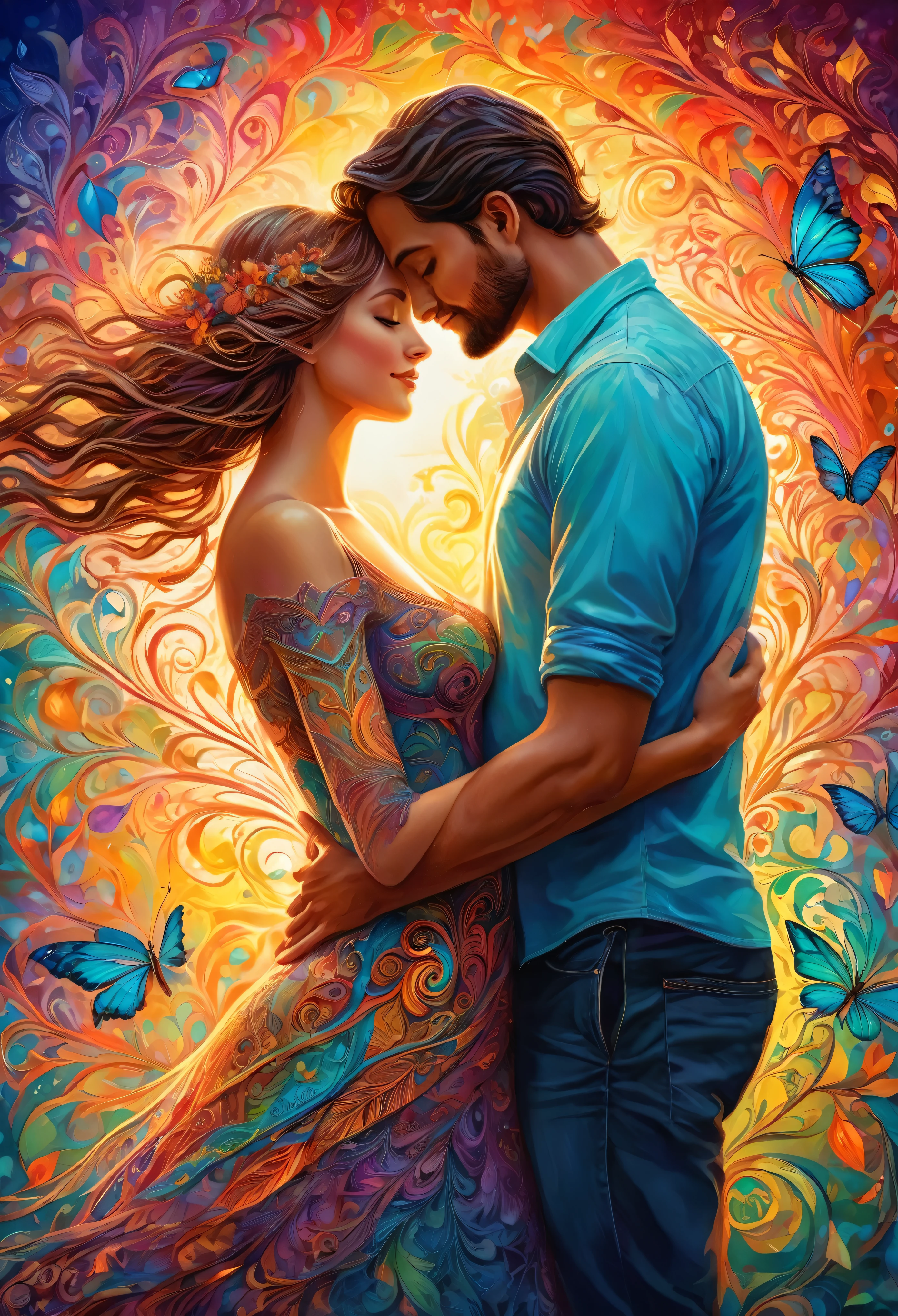 A couple's hug speaks volumes of their boundless love. Witness the beauty of affection that knows no limits,to the next,Tristeza,Sonhe como,fantasia,detalhes intrincados,colorful illustrations,zentangle elements,Rendering,Colorida,Cast a Colorida spell,ampla gama de cores,detalhes intrincados,Rendering,,Obra de arte,best Obra de arte,mais alta qualidade,Linda luz e sombra,