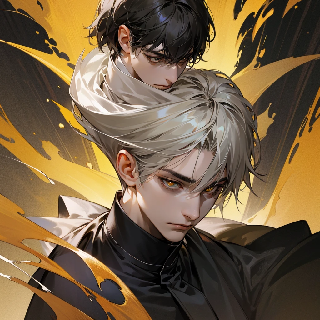 high quality, detailed
,young man,27years old, masterpiece, detailed eyes, hyper detailed, best quality, 4K UHD, ultra detailed, super detail,black haircut,quiet long,yellow eyes , quiet expression face,sharp eyes,black clothes,high resolutions
