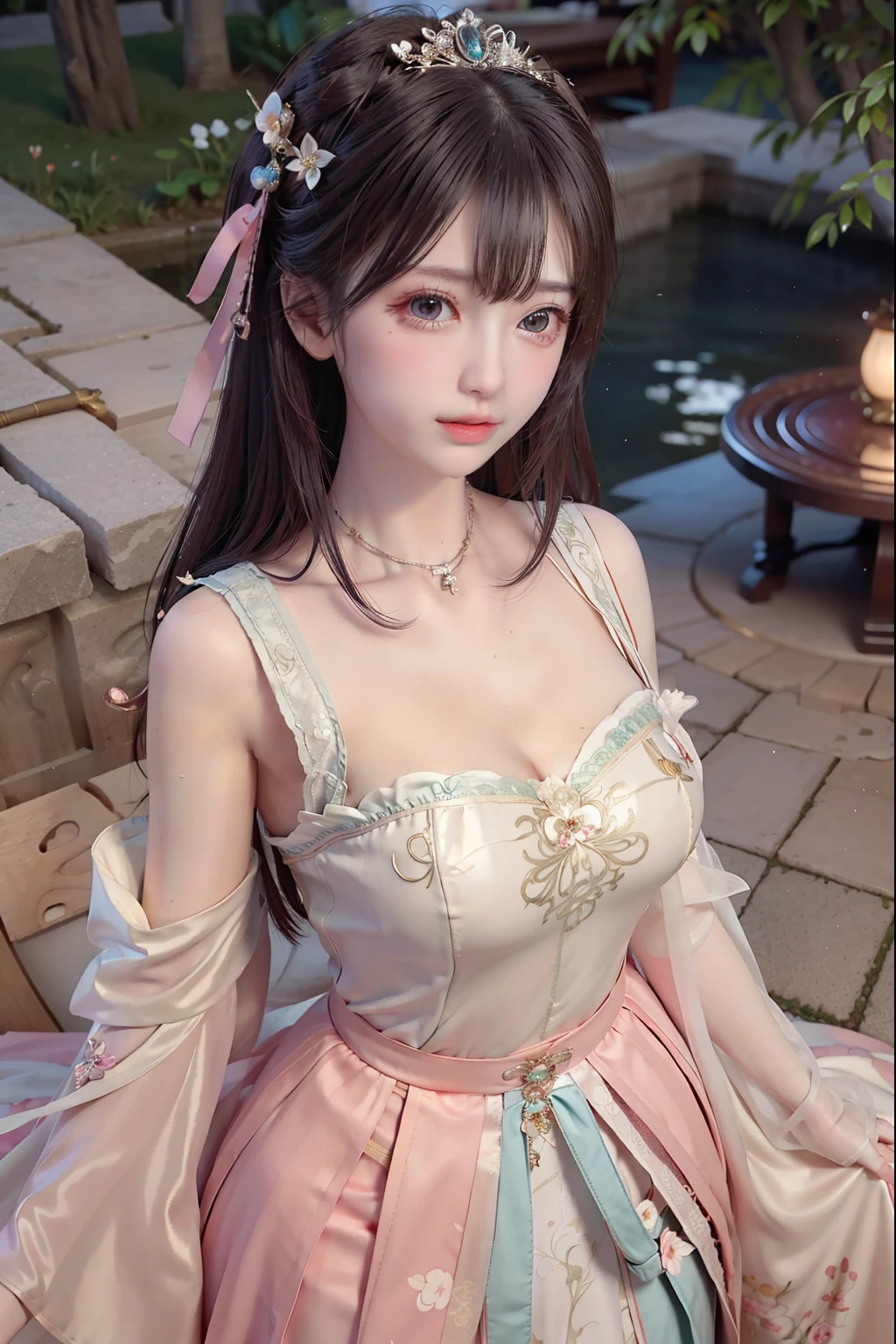 ((Masterpiece))), ((Best quality))), ((Ultra detail)), (an ultra realistic), (High Definition CG Illustration), cinematic light, Photorealistic,Very Beautiful , Light makeup, Intricate Details EABA, White Intricate Lace Cloak, Dynamic pose, Spear, a Princess 8 years old cute Hanfuopen V-chested clothes royal, All Photos, Wet body in thin silk fabric, Thin silk lace petticoat,Princess 8 years old cute, (Huge ,Cleavacoat, white pink, green ,highest quality,masterpiece,Ultra-high resolution,(realism:1.4),RAW Photos,(Real skin texture:1.3),(Film Grain:1.3),(Selfie angle),1 Giant breasts,Beautiful eyes and facial detailasterpiece,The best quality at its best,Exposing thighs and breastore exposed breasts, Detailed Hair,Looking down and towards the camera,Short Dress Princess Eyes,Super big eyes,Detailed face,Sparkling Eyes, Pink Dress (Garden,Palace of the Moon,)