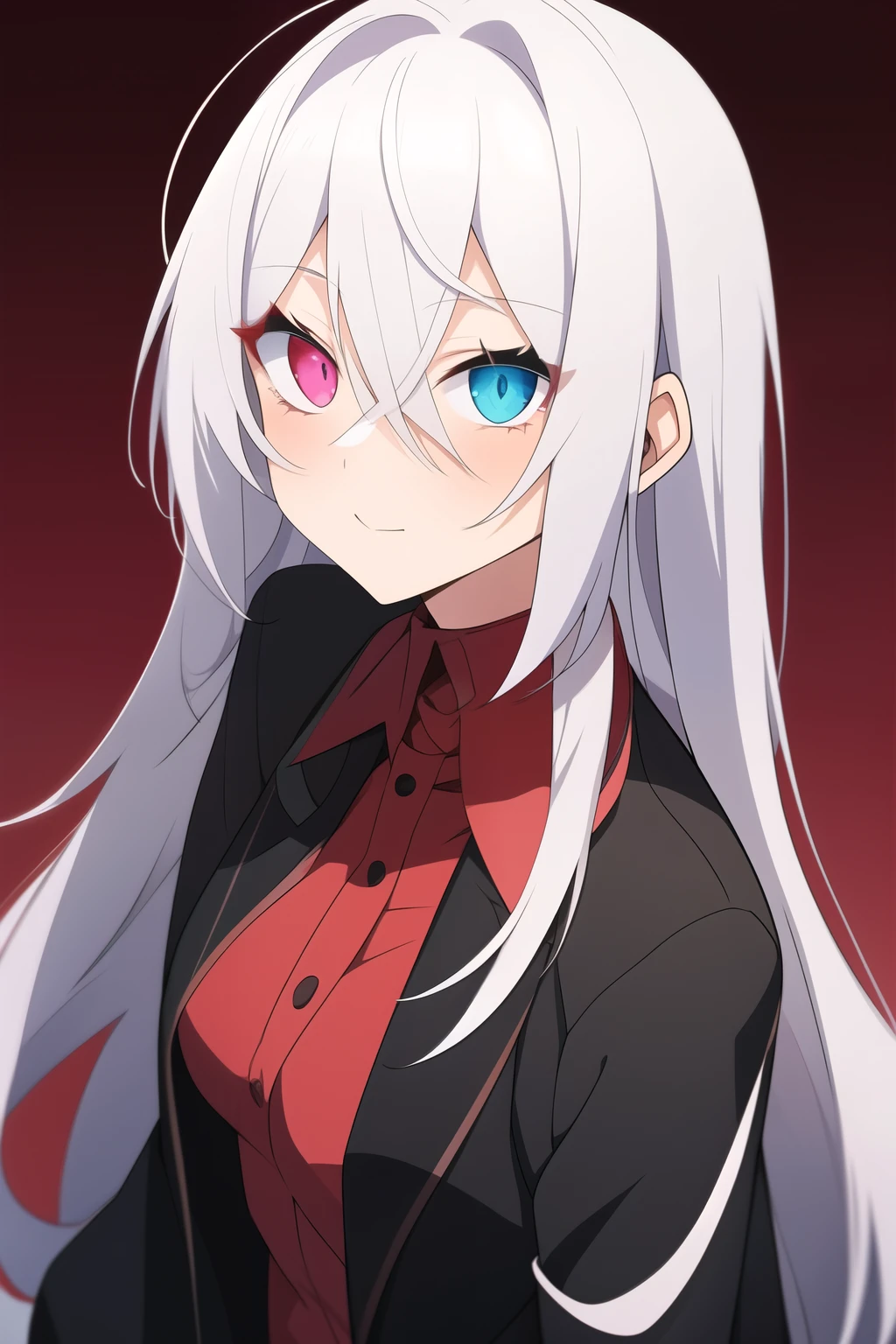 anime girl with long grey hair, heterochromatic eyes, and black sclera around the eyes