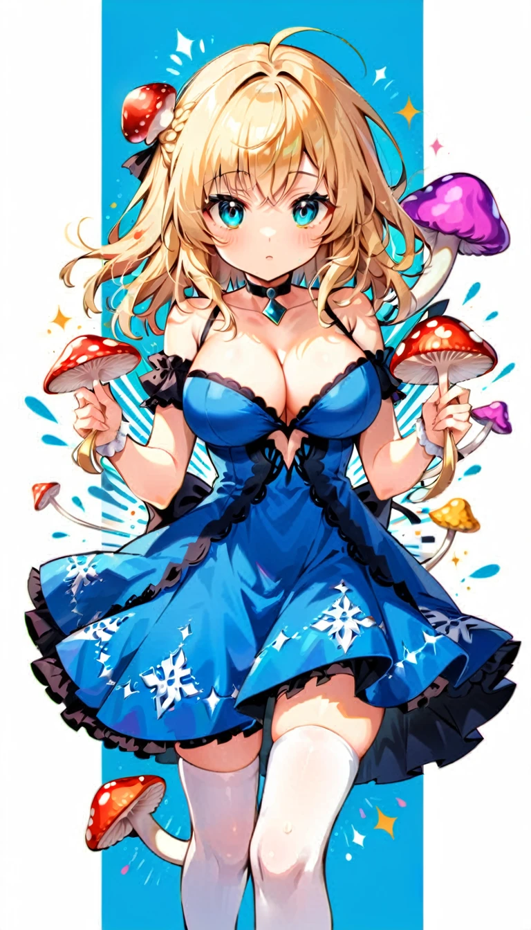 a design for a T-shirt of a beautiful 20 year old blonde woman with big messy hair in a blue dress, white stockings, black headband, cleavage, holding a glowing mushroom, fantasy art style, rossdraws cartoon vibrant, alice in wonderland cyberpunk, cute detailed digital art, colorfull digital fantasy art, digital fantasy art ), glossy digital painting, rossdraws pastel vibrant, rossdraws 2. 5, rossdraws 1. 0