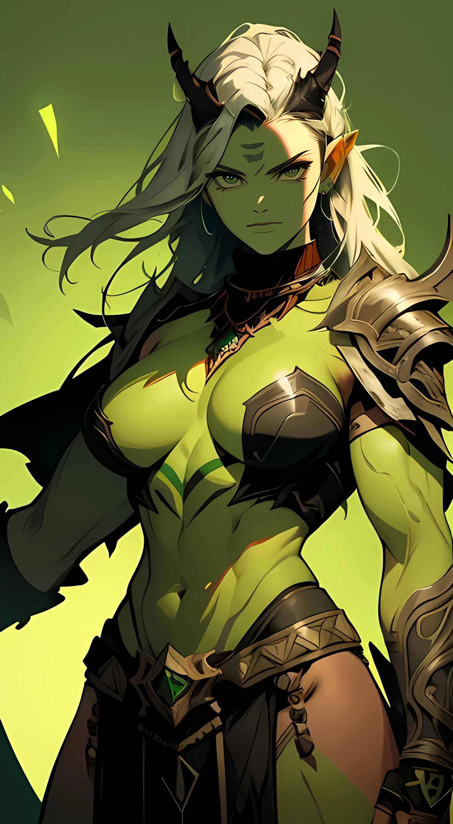 Female orc, green skin, cute fangs, powerful build, fierce eyes, fierce expressions, detailed facial features, tribal tattoos, battle scars, intricate armor, muscular physique, vivid colors, dark background, dramatic lighting, fantasy artwork, high-resolution, masterpiece.