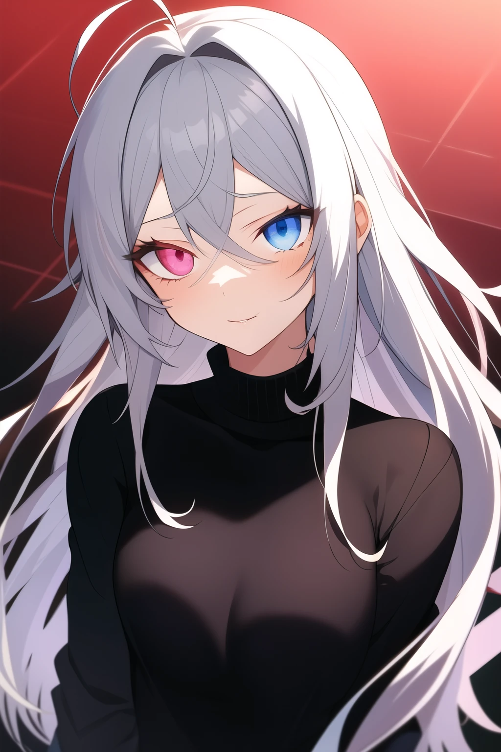 anime girl with long grey hair, heterochromatic eyes, and black sclera around the eyes