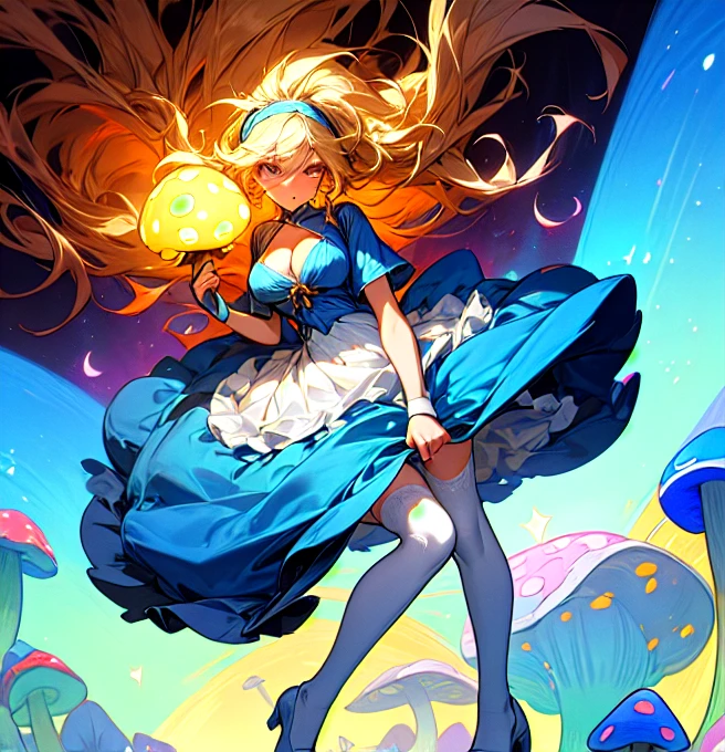 A beautiful T-shirt design of a gorgeous 20 year old blonde woman with big messy hair in a blue dress, white stockings, black headband, cleavage, holding a glowing mushroom, fantasy art style, highest quality, masterpiece, 8k, 超A high resolution, beautiful face, 