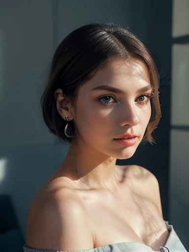 Beautiful girl, high-precision illustrations, chic and sophisticated impression, focus blur envelops her softly, overhead shot composition, clear expression of details, high-key contrast, tint effect, unique charm, off-shoulder, bust shot, Backlight, Cinematic Light, Earrings, Silver Accessories, Short Bob, Long Eyelashes, blue eyes,
