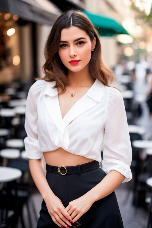 Front view, Full-body, standing pose , on street , in Paris, looking Eiffel Tower, 1970 years , looking at viewer, A Parisian girl , 18 age, beautiful girl, Parisian girl, 18 years-old, height 175 cm, (light brown hair , blew eye, short cut hair, smile ), (middle breasts, slender whist, middle hip), (White blouse :1.3), （Red mini skirt: 1.3), (Red enamel Chanel Boots), (small pearl neckless, lady's watch ), (a Chanel shoulder bag), (super detail, high details, high quality, accurate, anatomically correct, textured skin, beautiful fingers super detail, high details, high quality, best quality)