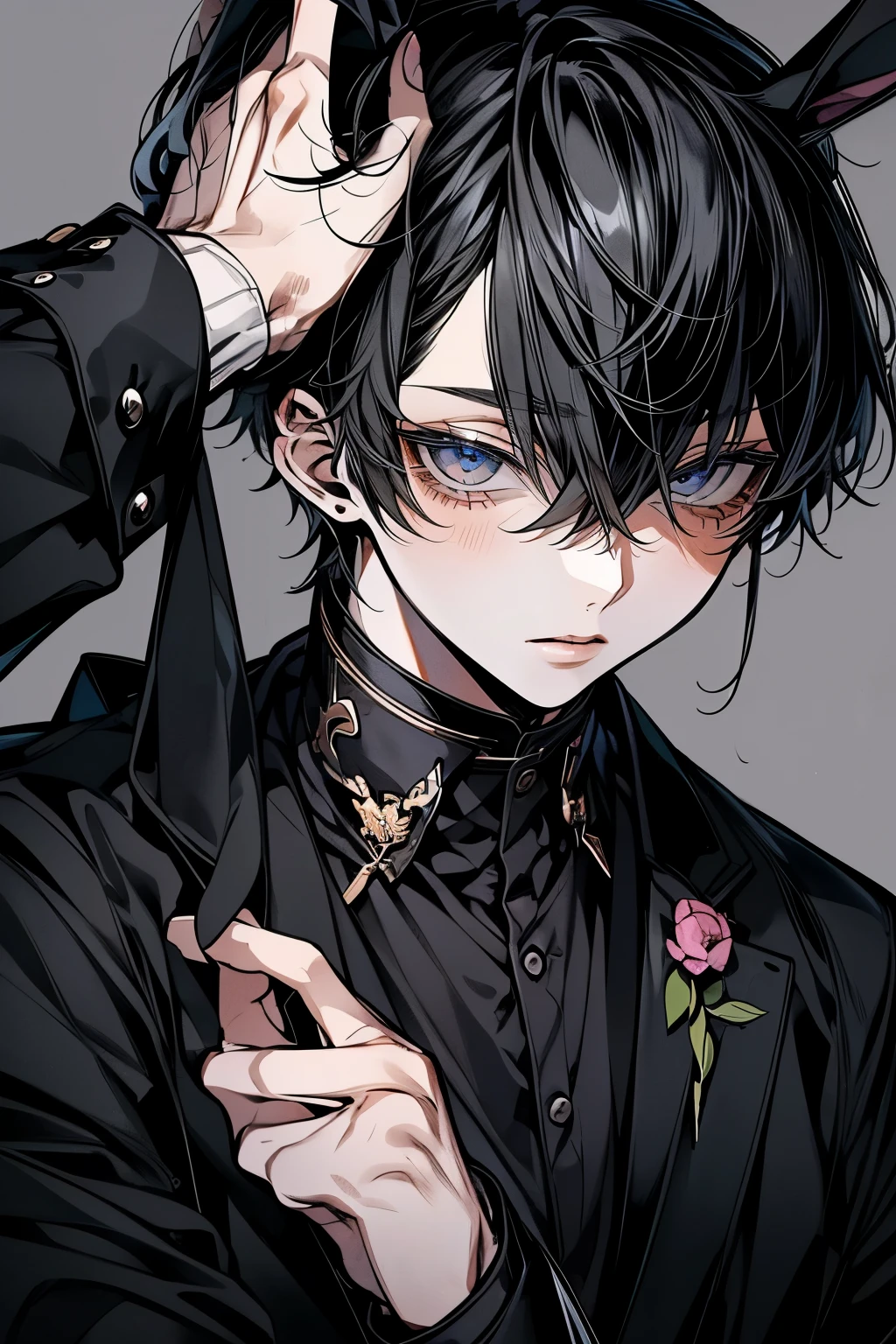 (Mastepiece), (Bestクォリティ), Very detailed, ((Two Men:1.5)), Perfect Face, Beautiful Face, Very detailedな顔,(Black-haired man:1.3),Bunny ears、shirt、Best、Holding a black glove