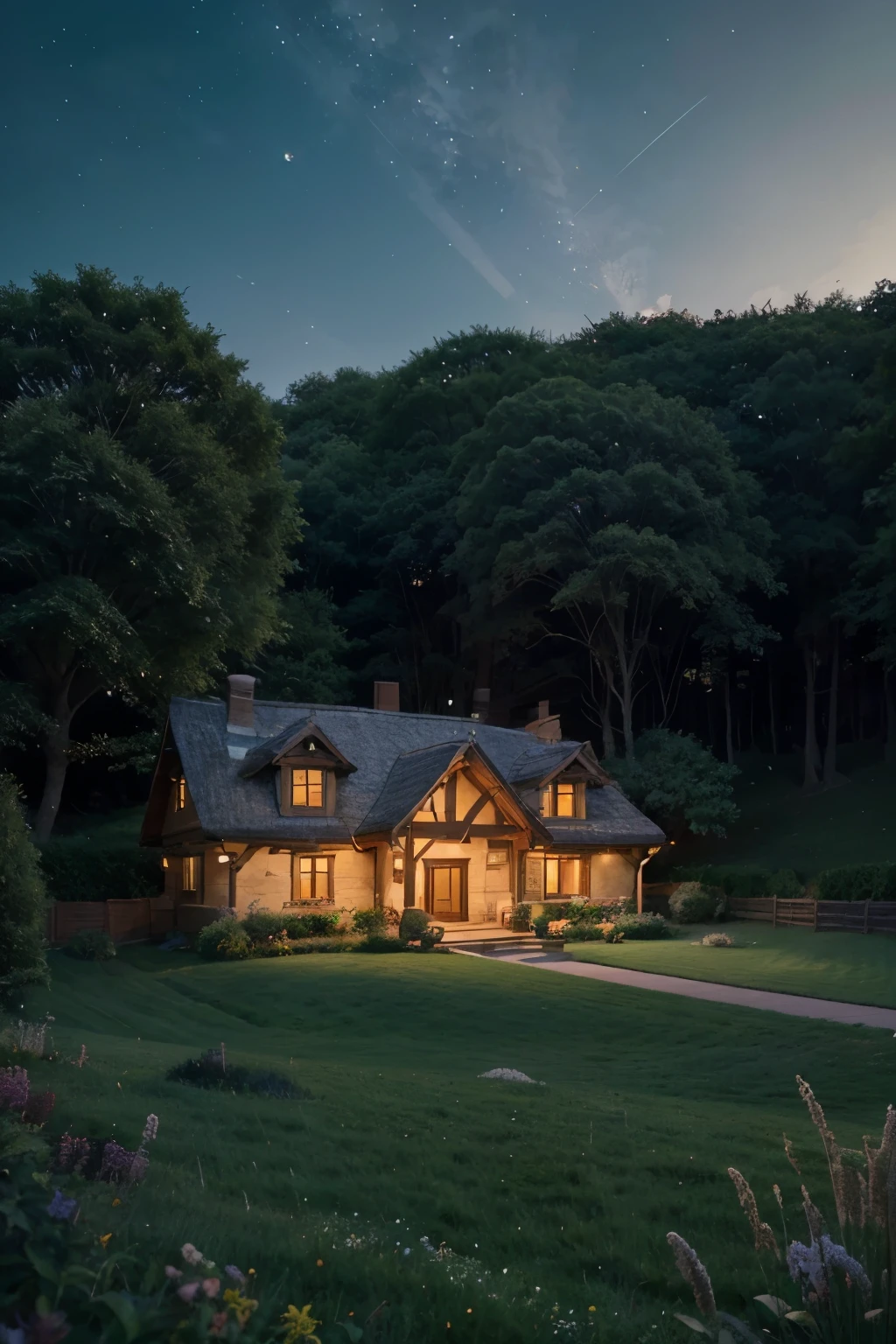 Create a stunning 4K quality landscape reminiscent of Studio Ghibli's enchanting worlds. Picture a serene grassy hill bathed in the soft glow of moonlight, leading to a quaint traditional house nestled at the hill's crest. The house should exude warmth and coziness, with softly lit windows inviting viewers to imagine the stories within. Surround the scene with a sense of quiet tranquility, accentuated by the subtle rustle of grass in the gentle night breeze. Above, a vast sky twinkles with countless stars, lending a touch of magic to the nocturnal atmosphere. Capture the essence of Ghibli's timeless charm and transport viewers to a place where dreams and reality intertwine