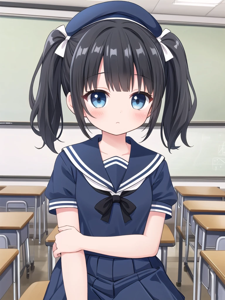 9 、girl、Black Hair、Twin tails、Navy blue sailor suit、Short sleeve、beret、mile、piece、classroom