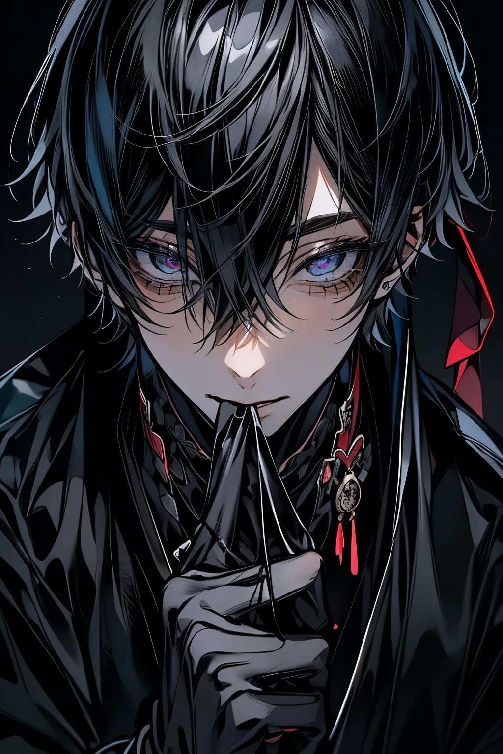 (Mastepiece), (Bestクォリティ), Very detailed, ((One Man:1.5)), Perfect Face, Beautiful Face, Very detailedな顔,(Black-haired man:1.3),shirt、Best、(Hold the black glove in your mouth:1.4)